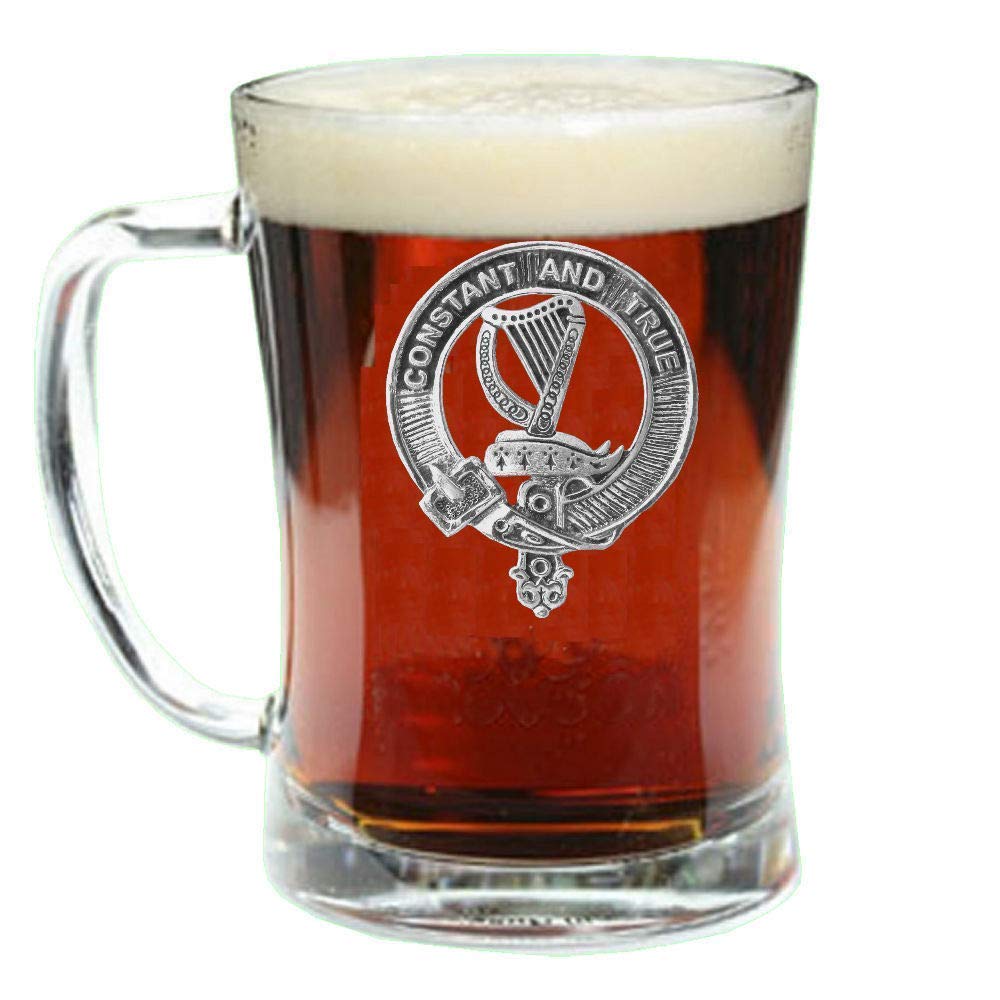Scottish Clan Crest Badge Glass Beer Mug - Rose Design for Whiskey, Ale & Craft Beer - Perfect for Celtic Pub Nights, Gifts & Home Bar Decor