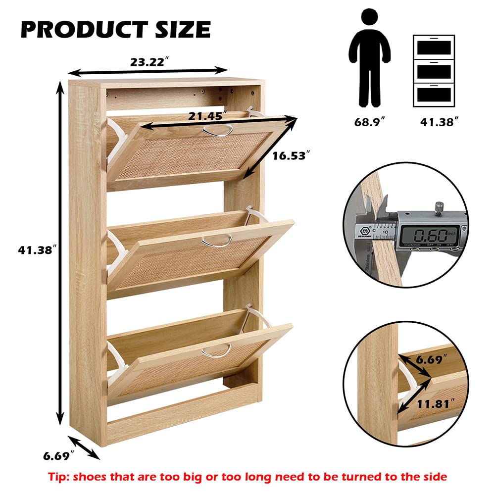 HOPUBUY 3-Tier Rattan Shoe Storage Cabinet - Narrow Entryway Shoe Organizer with Hidden Design for Home & Apartment - Natural Wood Slim Shoe Rack for Small Spaces - Perfect for Hallway, Closet or Bedroom Organization