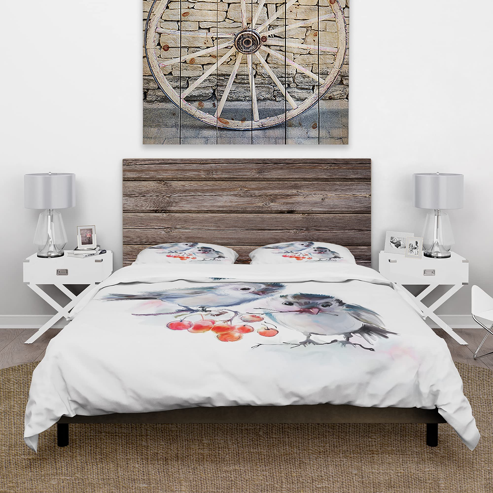 DesignQ Traditional Birds on Branch with Red Berries Duvet Cover Set - Queen Size 3-Piece Animal Print Bedding for All Seasons | Cozy Home Decor for Master Bedroom & Guest Room