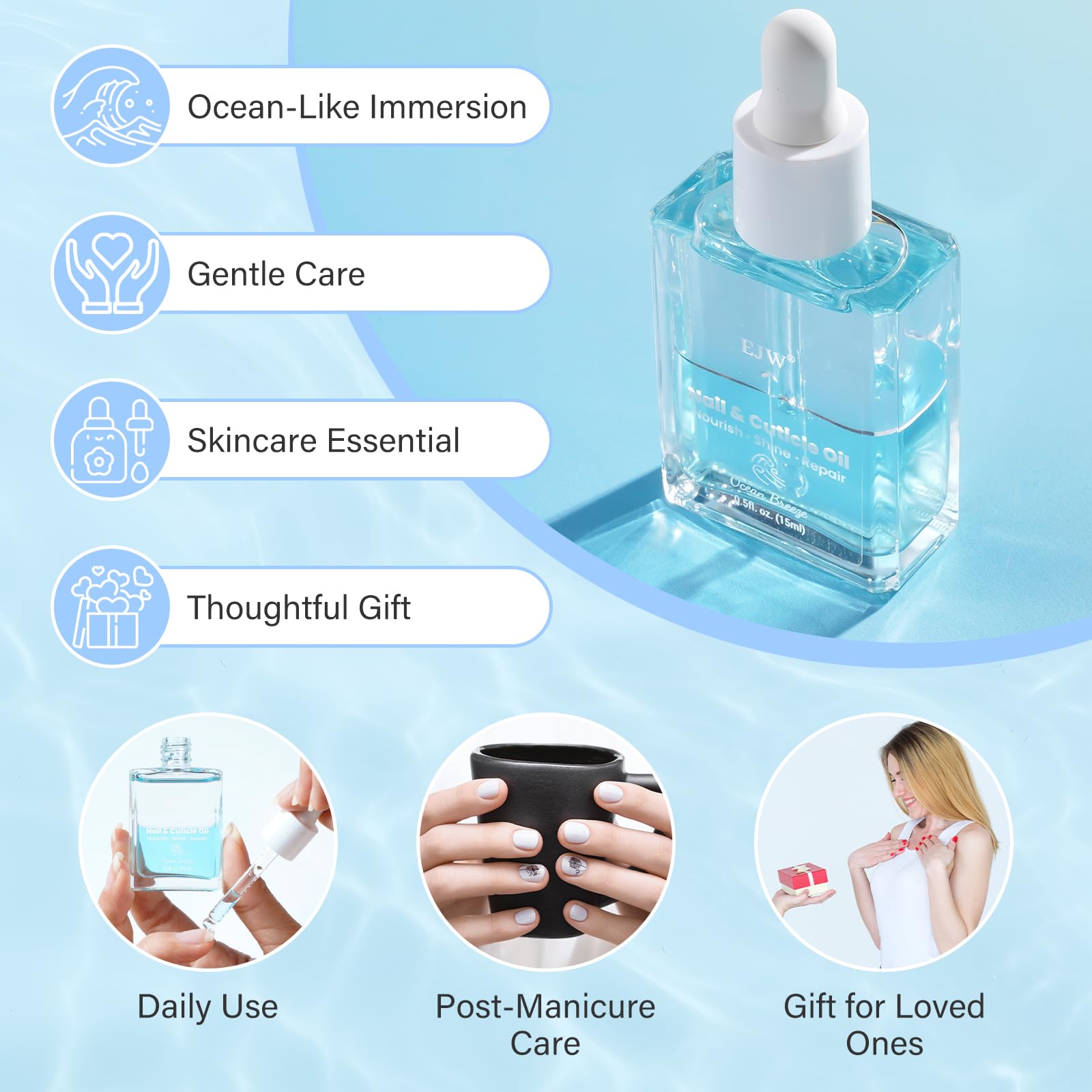 EJW Dual Layer Cuticle Oil for Nails - Nourishing & Repairing Treatment for Dry, Damaged Cuticles | Strengthens Nails & Reduces Hangnails | Fast-Absorbing Natural Formula with Ocean Breeze Scent | 0.5 fl oz | Perfect for Manicures, At-Home Nail Care & Hand Spa Treatments
