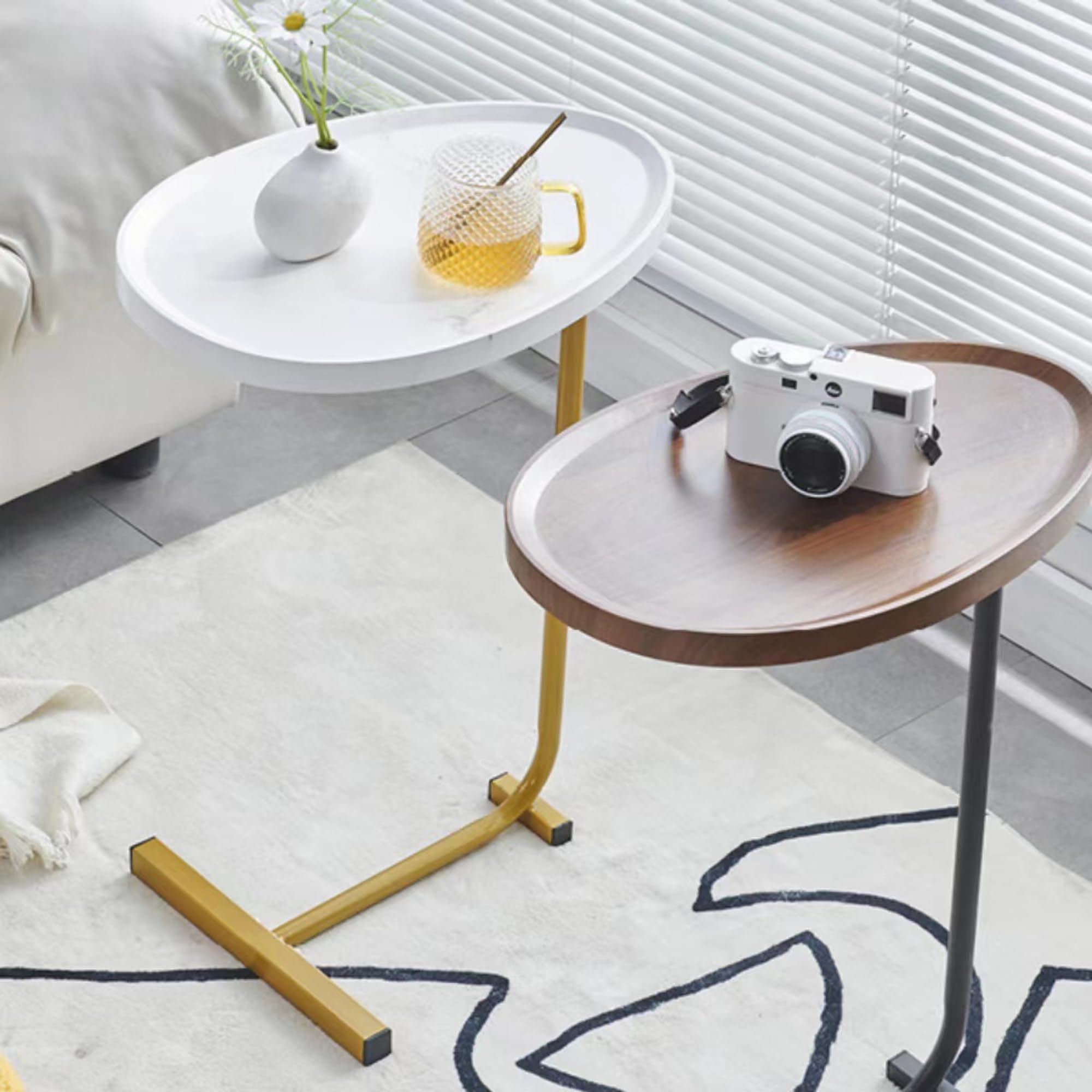 2-Piece White C-Shaped End Table Set with Metal Frame - Small Side Tables for Couch, Sofa, Living Room, Bedroom & Bedside - Perfect as TV Tray Tables or Nightstands