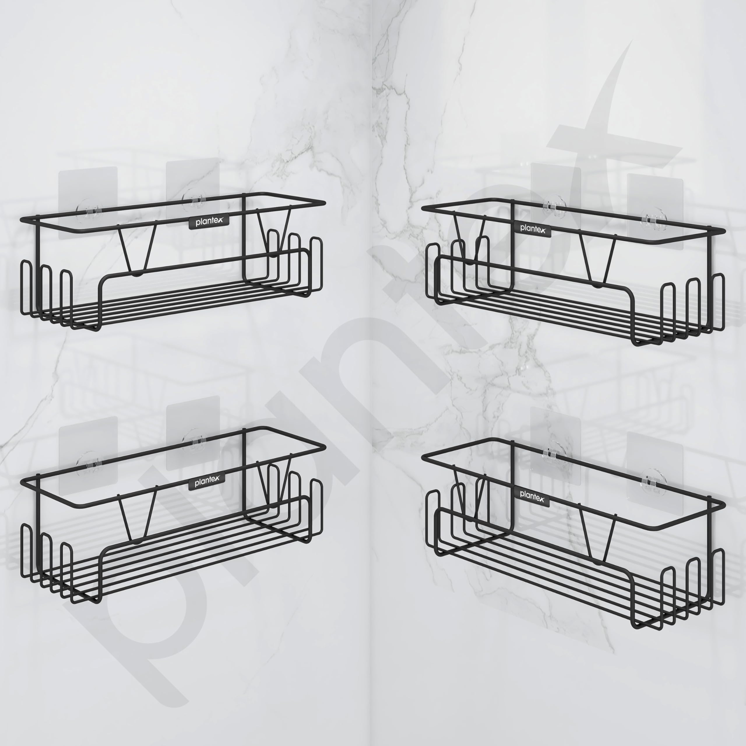 Plantex GI Steel Bathroom Shelf with Self-Adhesive Mounting, No Drilling Needed - Includes Side Hooks & Magic Stickers, Powder Coated Black (4-Pack) - Perfect for Small Bathrooms, Showers & Apartments