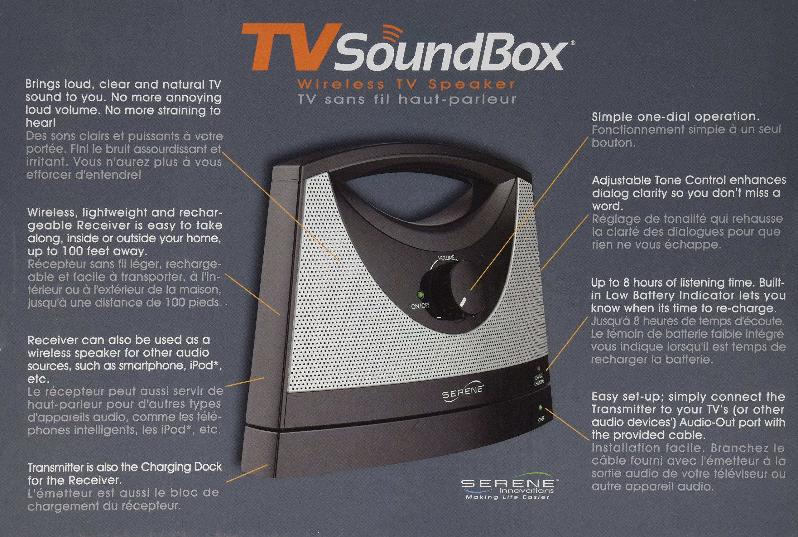 Serene Innovations TV-SB Wireless TV Listening Speaker for Hearing Impaired - Bluetooth Headphones Alternative for Clear Audio at Home, Bedroom & Nursing Homes