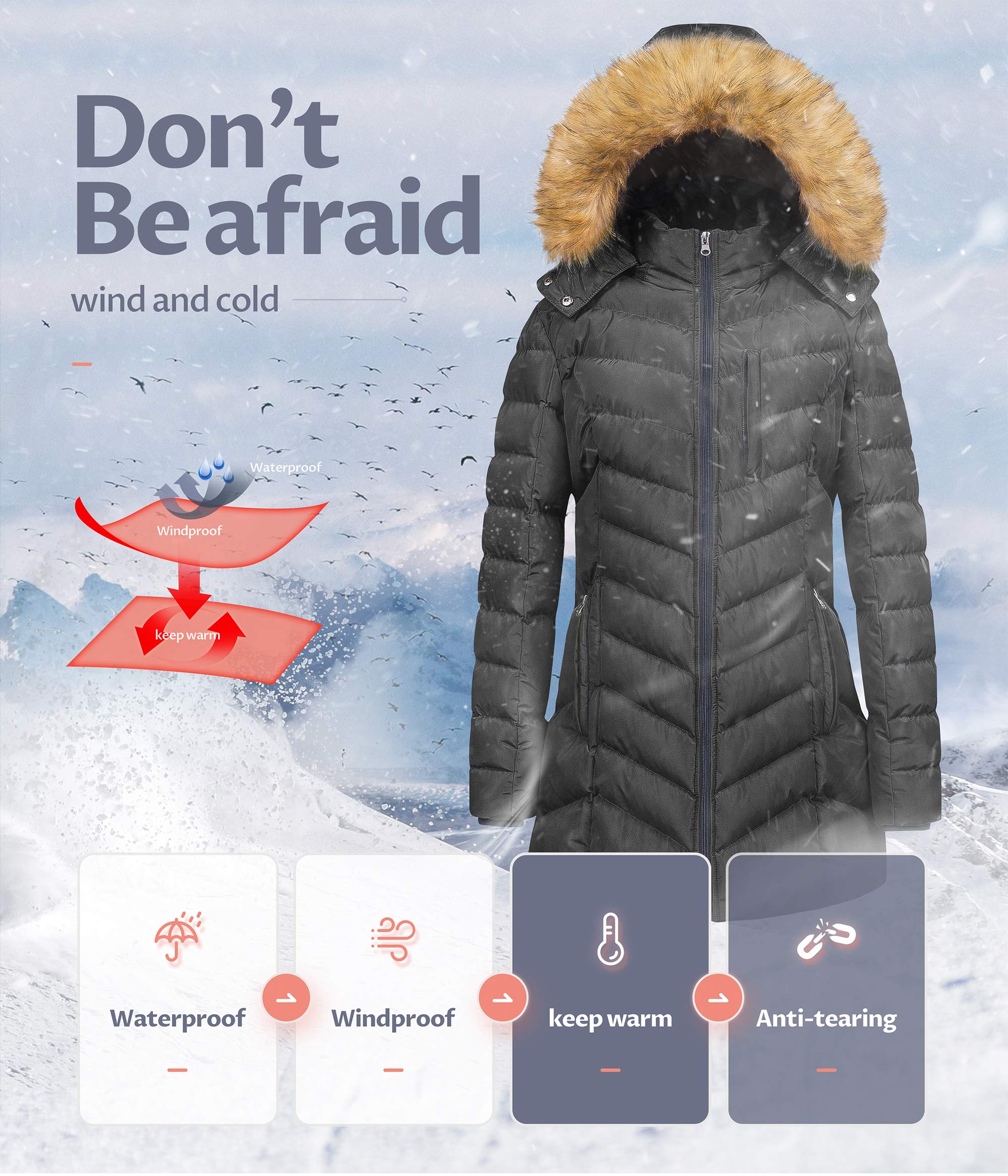 CREATMO Women's Winter Hooded Puffer Jacket - Waterproof, Warm Long Coat Parka for Cold Weather - Perfect for Outdoor Activities, Snowboarding & Daily Winter Wear