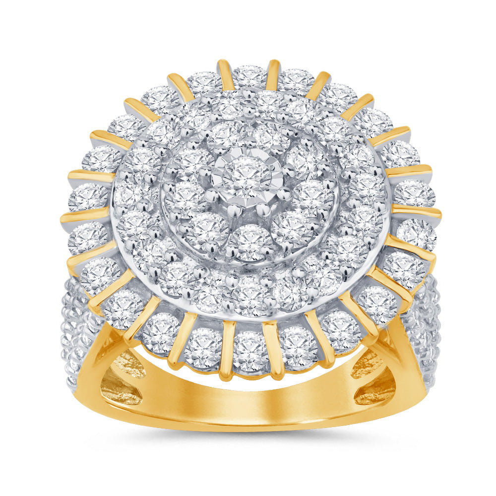 9ct Yellow Gold 3 Carat Round Diamond Cluster Ring with Brilliant Cut Diamonds - Elegant Engagement, Wedding, Anniversary Jewelry Gift for Women