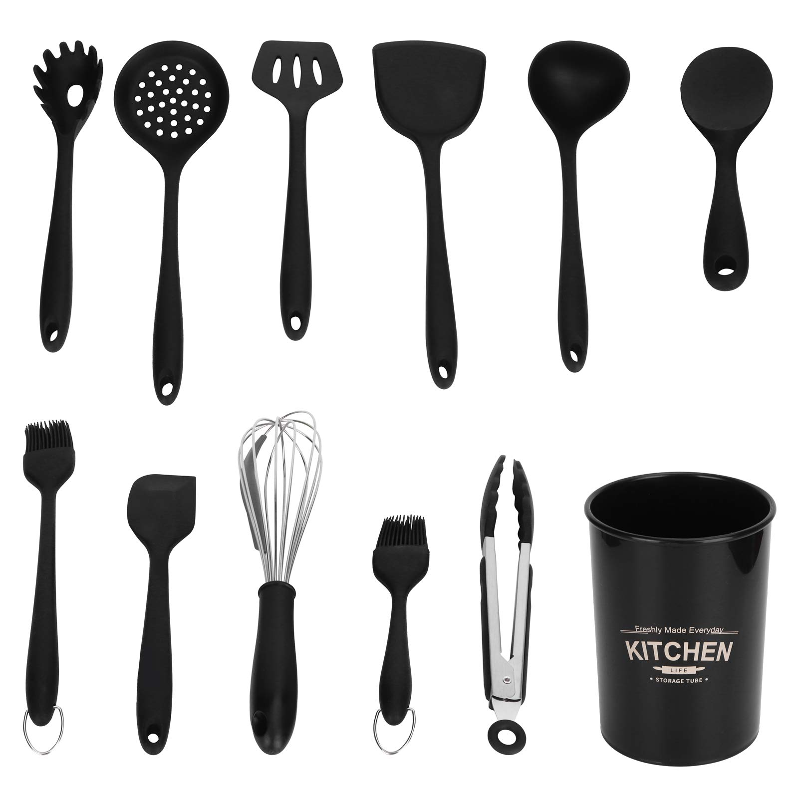 12-Piece Non-Stick Silicone Kitchen Utensil Set with Holder - BPA-Free Black Cooking Spatulas, Spoons & Tools for Baking, Frying & Everyday Meal Prep