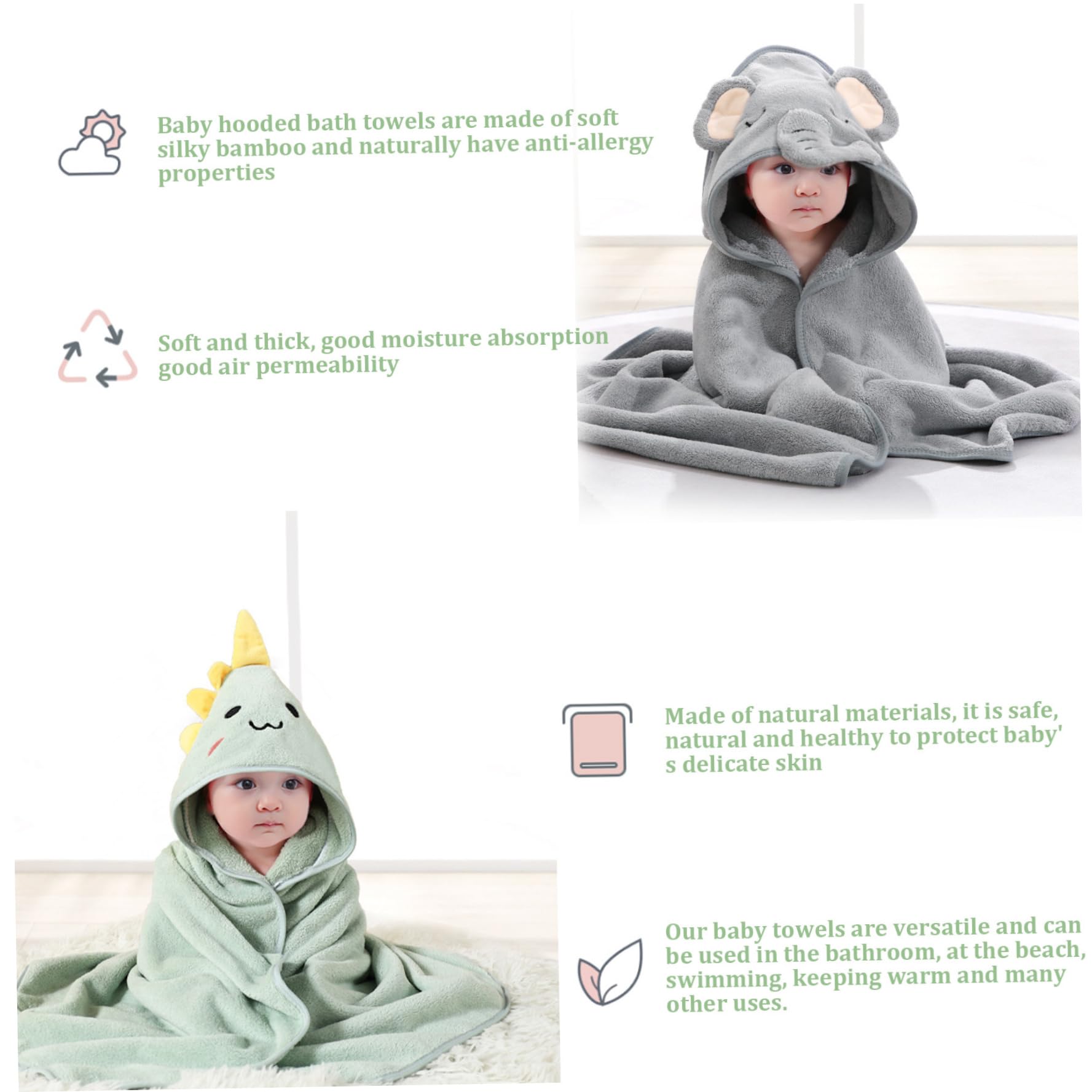 Soft & Absorbent Hooded Baby Towels 2Pcs - 32x32