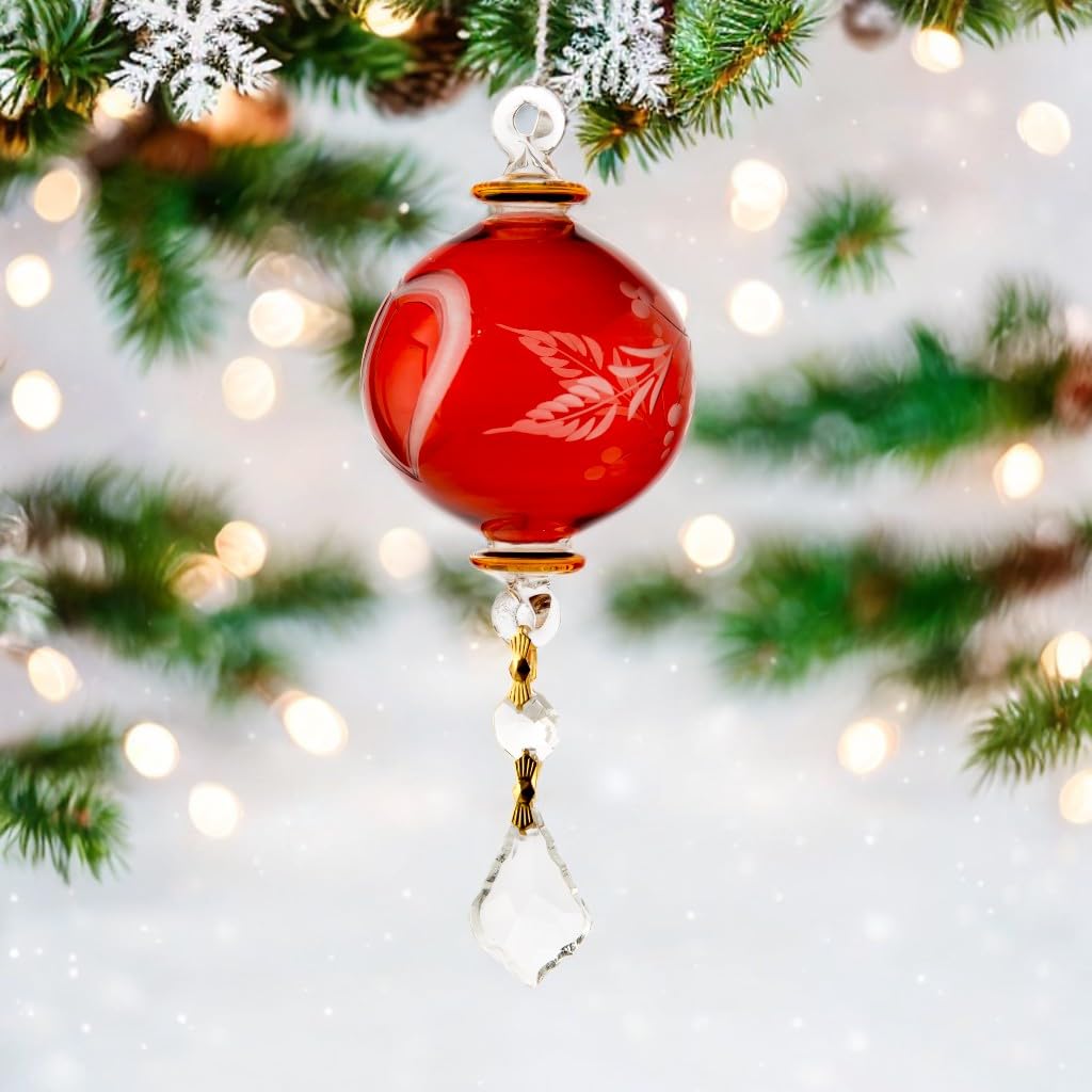 Handmade Blown Glass Christmas Ornaments - Red Glass Ball with Gold Accents & Crystal Drop - Engraved Holiday Decor for Christmas Tree - Perfect for Home Decor, New Year Gifts & Winter Wedding Decorations