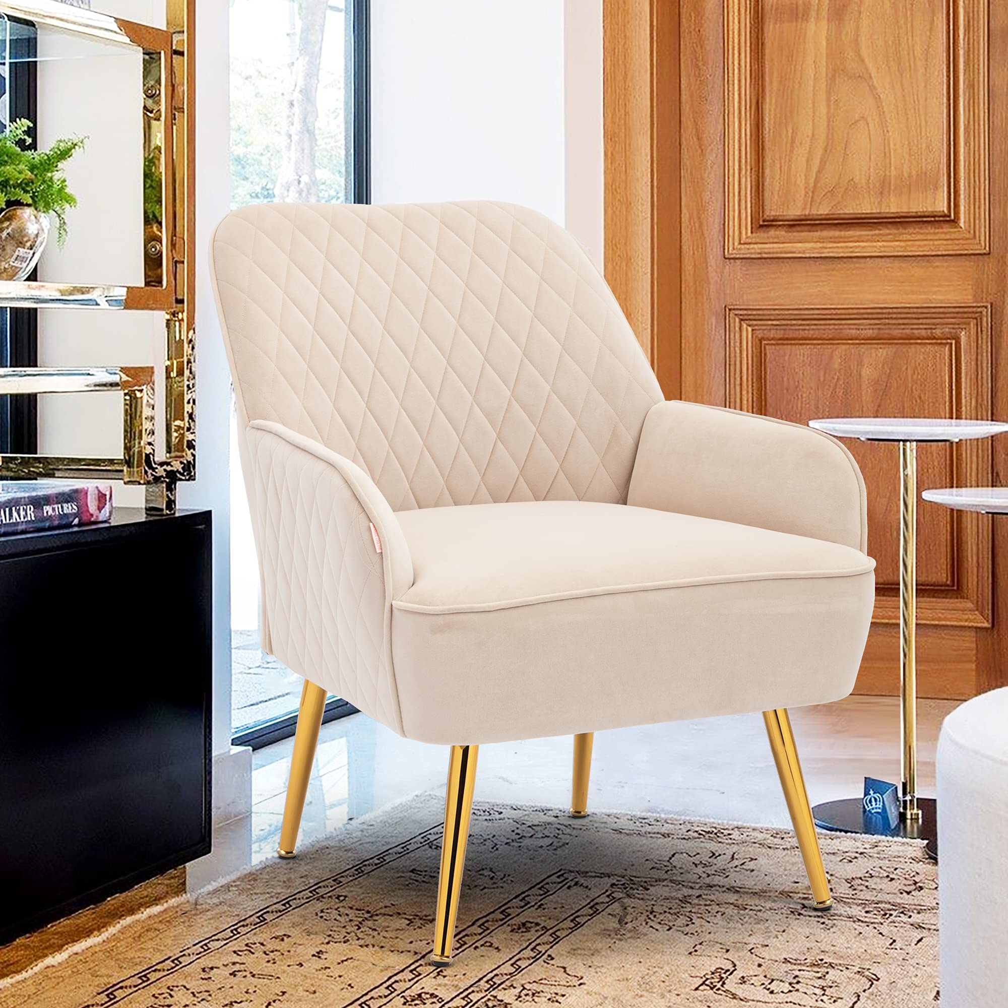 Velvet Accent Chair with Gold Metal Legs - Modern Upholstered Armchair for Living Room, Dining Room, Bedroom & Lounge - Comfortable Club Chair for Leisure & Guest Seating (Beige) - Perfect for Home Decor, Reading Nook & Coffee Corner