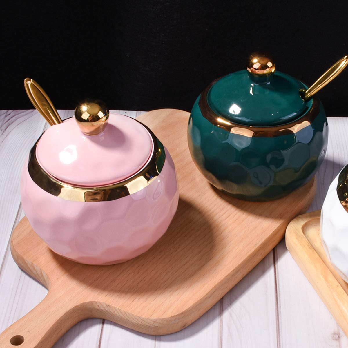 Golf Shaped Ceramic Sugar Bowl with Lid & Golden Spoon - Pink Kitchen Storage for Coffee, Tea & Baking Essentials - Perfect for Home, Office & Gift Giving