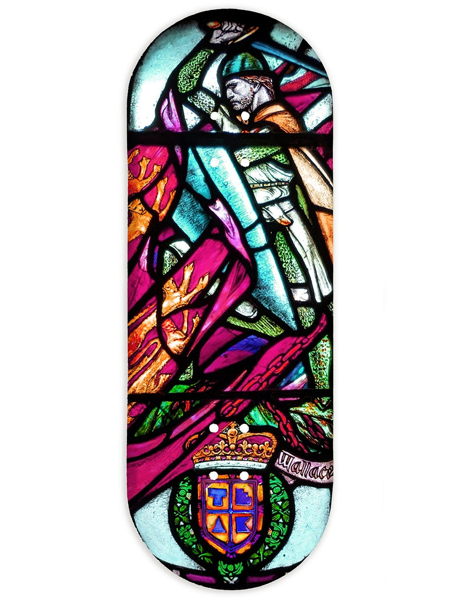 Premium Teak Wood Fingerboard Deck - Wallace Stained Glass Design | Professional Skateboard Training Tool for Home & Office Stress Relief
