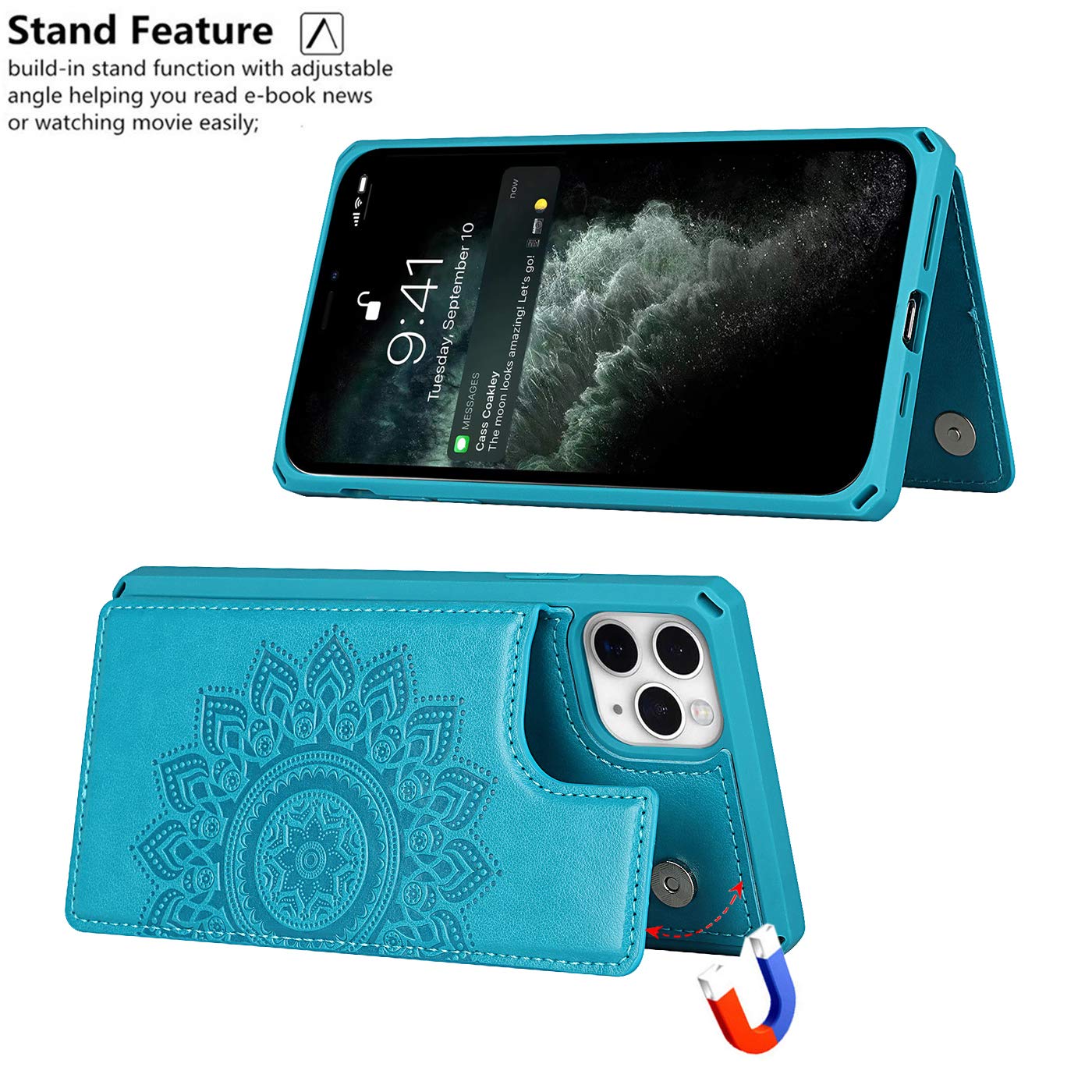 Premium PU Leather Mandala Flower Embossed iPhone 11 Pro Max Wallet Case with Card Holder - Shockproof Protective Phone Cover for Women & Men (Blue) - Perfect for Daily Use, Travel, and Business Meetings