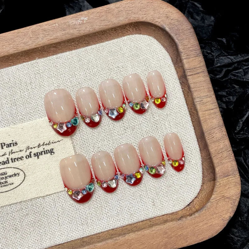 10Pcs Short Almond Press on Nails - Cute Cat Eye 3D Red Bowtie Designs with Polka Dot & Lace Edge - Oval False Nails for Women | Easy DIY Manicure, Perfect for Parties, Weddings & Daily Wear