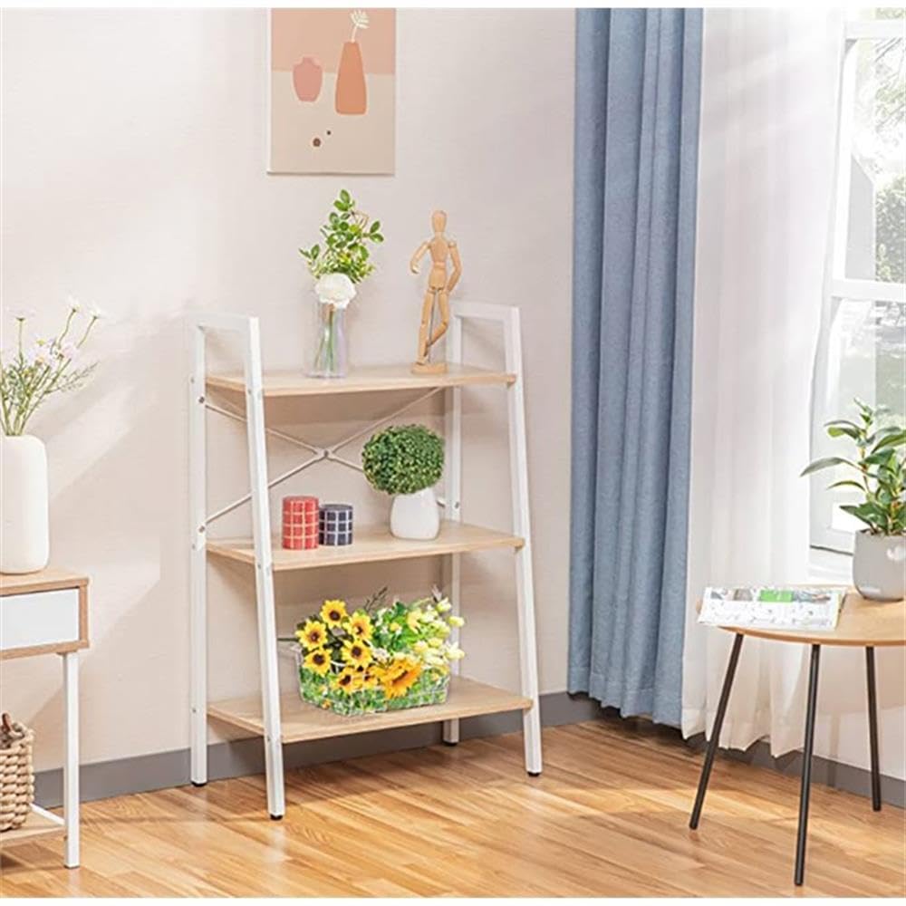 JJS Industrial 3-Tier Bookshelf - Rustic Freestanding Bookcase Storage Shelf for Home Office & Living Room | Oak/White Finish | Perfect for Organizing Books, Plants & Decorative Items
