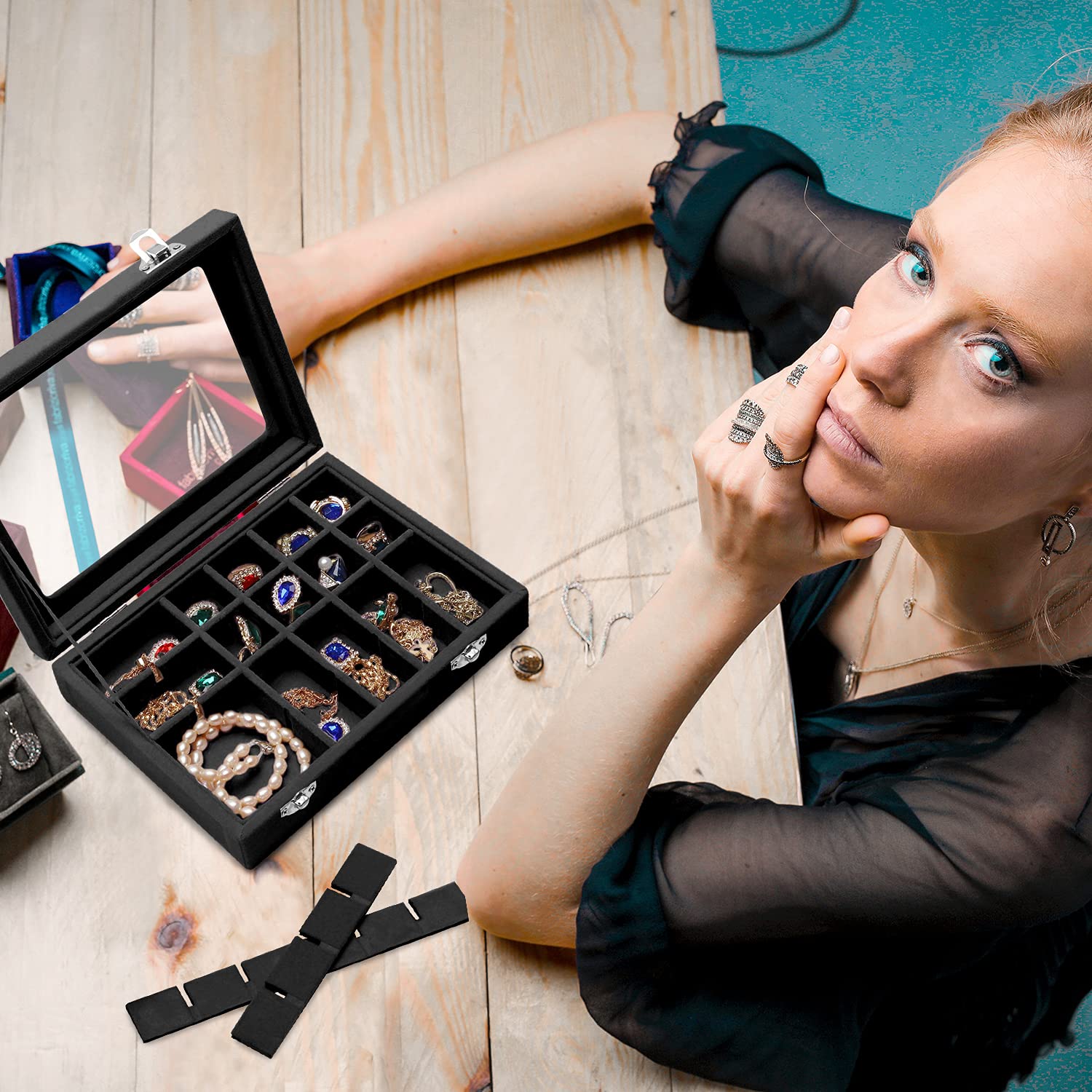 Lainrrew 24 Grid Velvet Jewelry Organizer Box - Jewelry Display Case for Earrings, Rings, Necklaces & Bracelets - Elegant Storage Solution for Women & Girls (Black) | Perfect for Travel, Home Vanity & Gift Giving