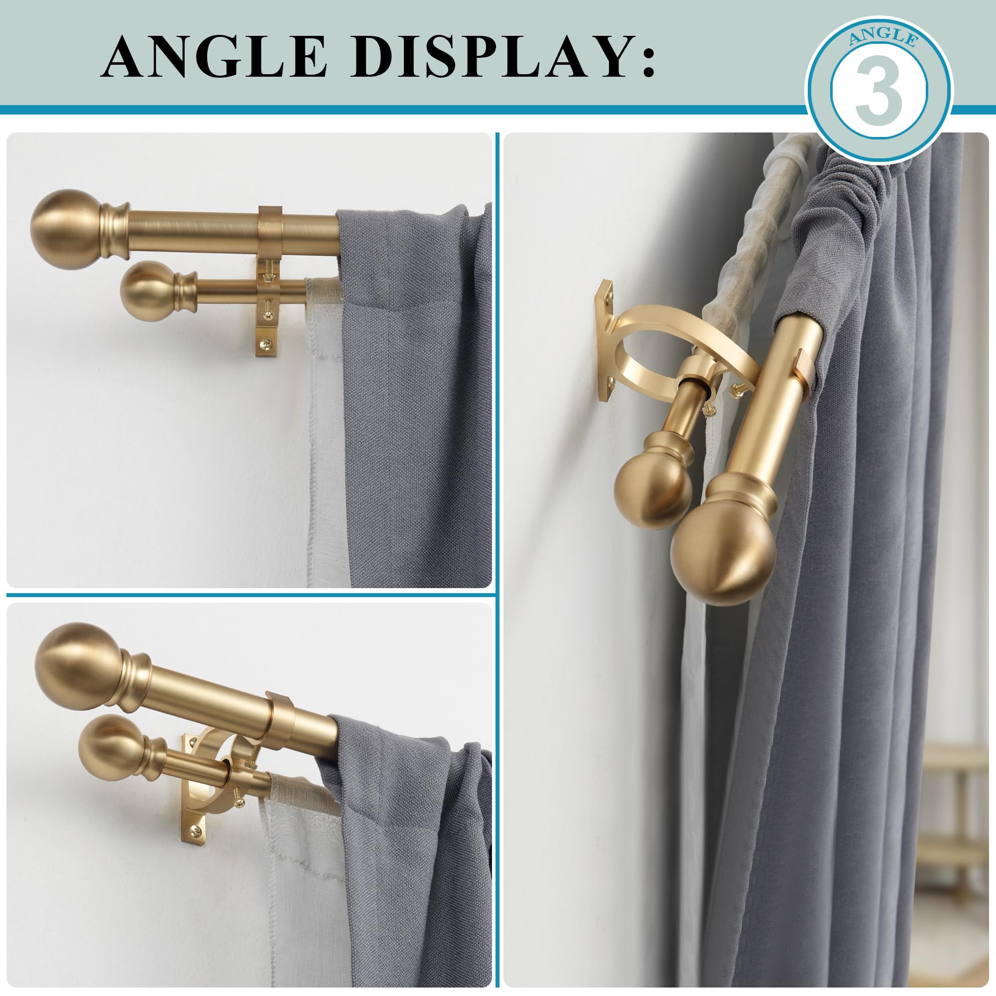 36-72 Inch Adjustable Warm Gold Double Curtain Rod Set - 1’’ Front & 5/8’’ Back Drapery Rod with Small Round Ball Finials & Aluminum Brackets for Sheer/Blackout Curtains - Perfect for Living Room, Bedroom & Bay Windows