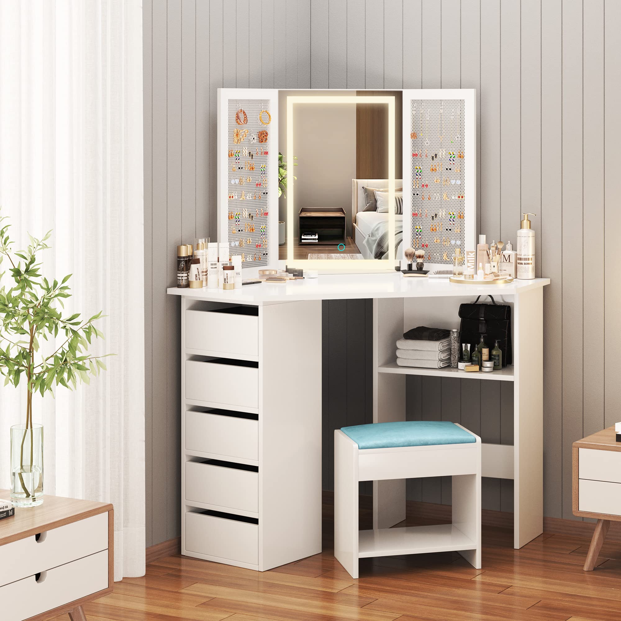 LVSOMT White Vanity Desk with Touch Screen LED Mirror, 5 Drawers & Cushioned Stool - Corner Dressing Table with Jewelry Organizer for Small Bedroom Spaces | Perfect Makeup Vanity Set for Women & Girls, Ideal for Daily Beauty Routine & Cosmetics Storage