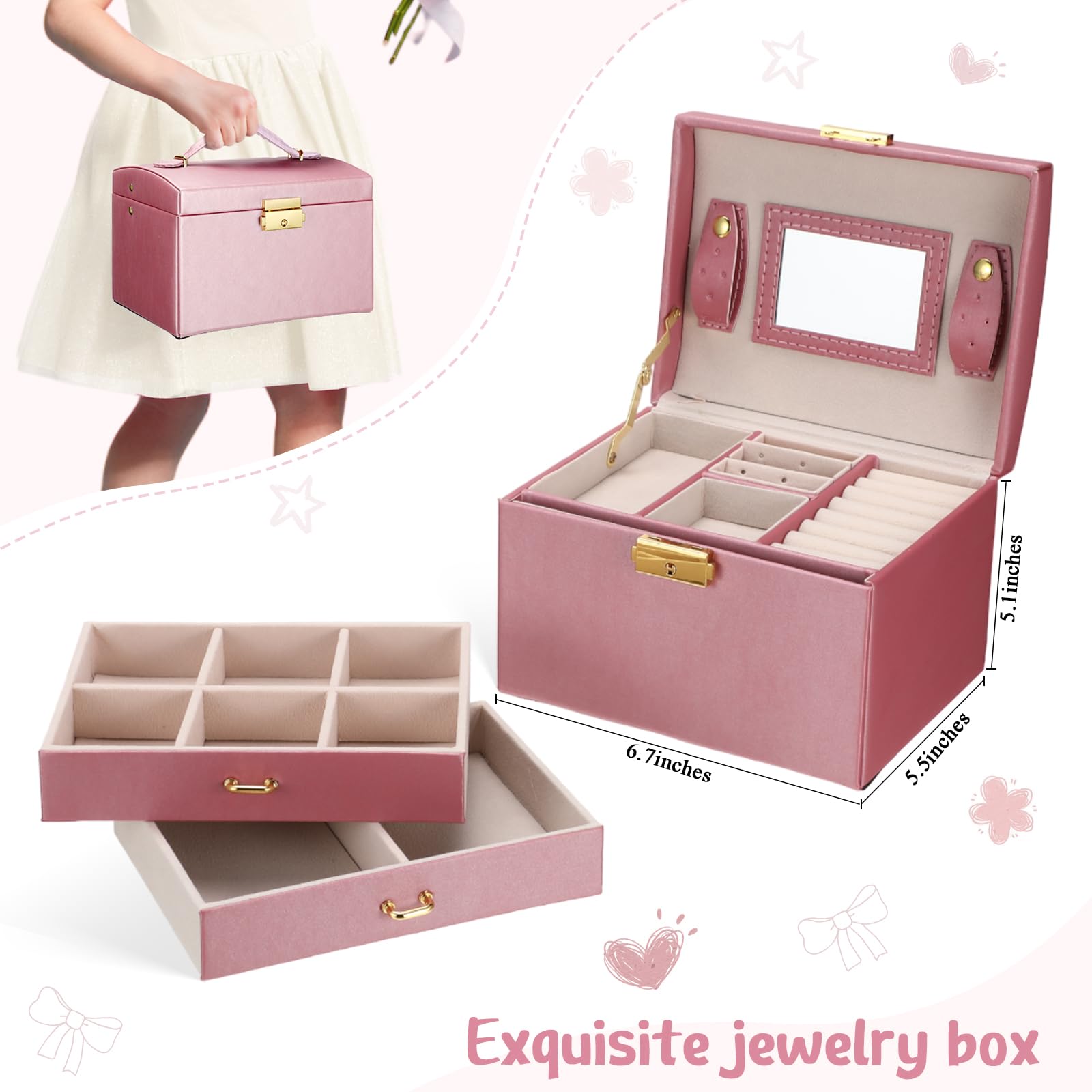 52-Piece Hair Accessories & Jewelry Box Set for Girls - 3-Layer Large Pink Princess Storage Organizer with Hair Ties, Clips & Dress-Up Toys | Perfect Gift for Birthday, Party Play & Pretend Play Scenes