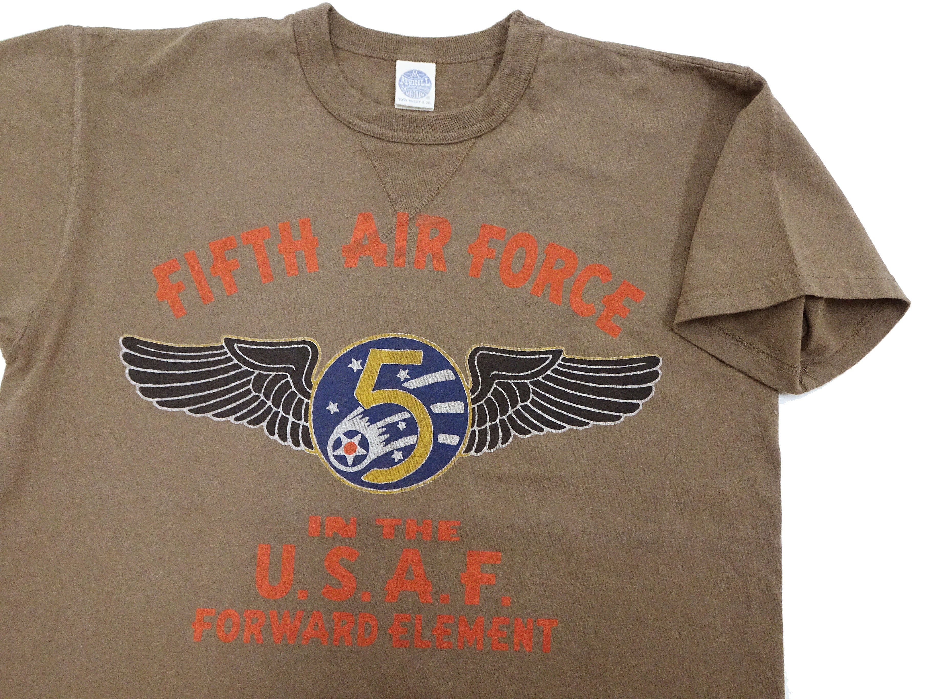 TOYS McCOY Men's US Fifth Air Force Military Graphic Short Sleeve T-Shirt | Vintage Loopwheeled Cotton Tee | TMC2428-050 Faded Coyote Brown | Casual Wear & Military Enthusiast Collection