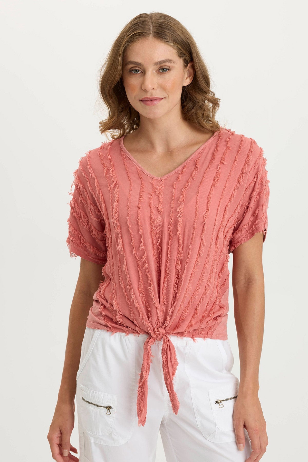 Curine Striped Voile & Jersey Knotted V-Neck Top for Women - Casual Summer Blouse for Beach, Party, and Everyday Wear