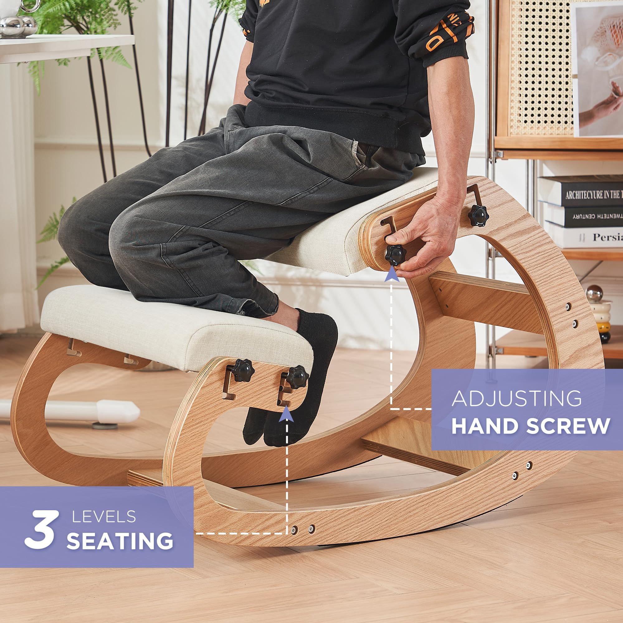 Ergonomic Kneeling Chair - Adjustable Rocking Office Chair for Back Pain Relief, Wooden Home Office Chair with Posture Support - Perfect for Work from Home, Meditation & Reading (Beige)