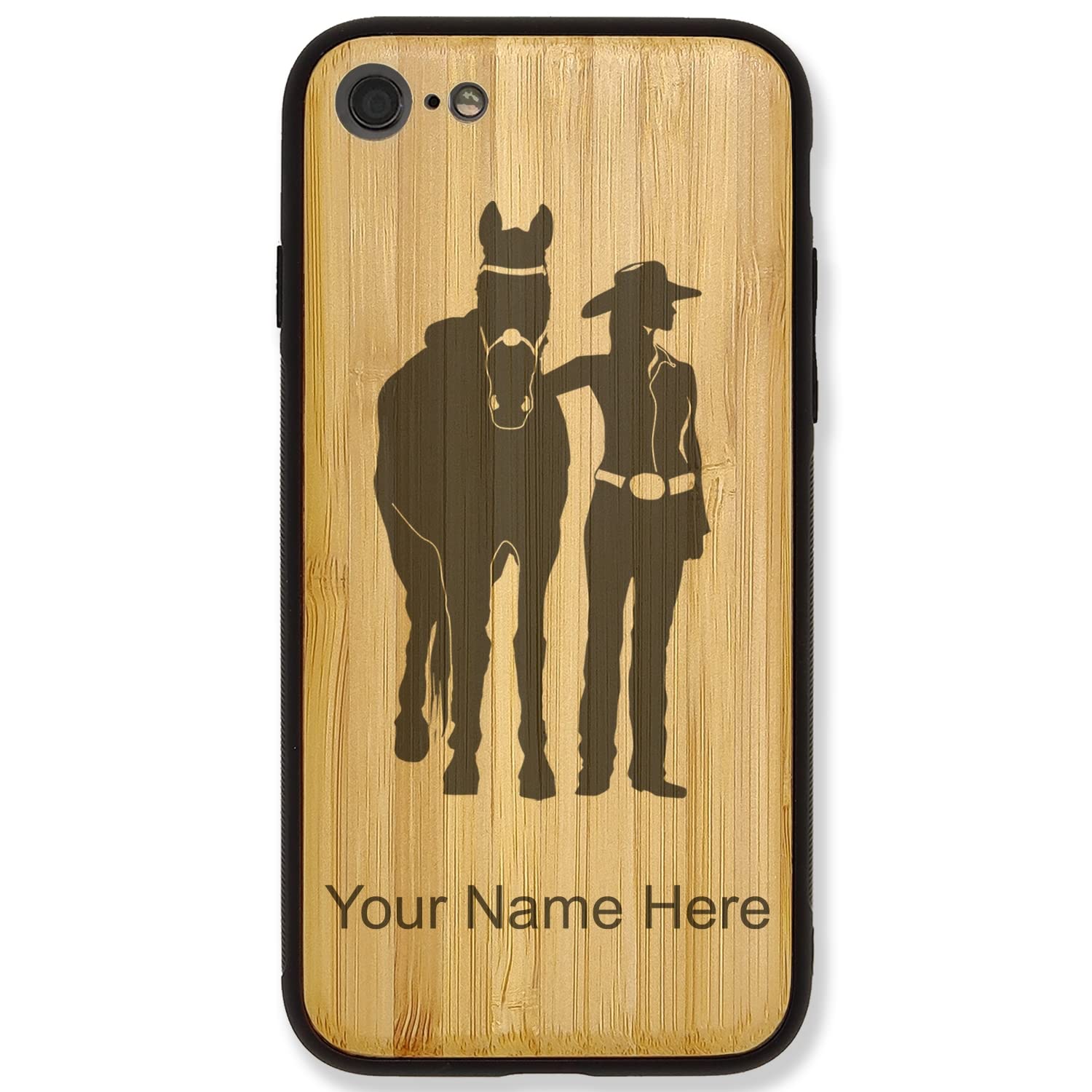 Premium Bamboo Phone Case for iPhone 7 Plus & 8 Plus - Custom Engraved Horse & Woman Design - Perfect for Outdoor Adventures & Gift Giving