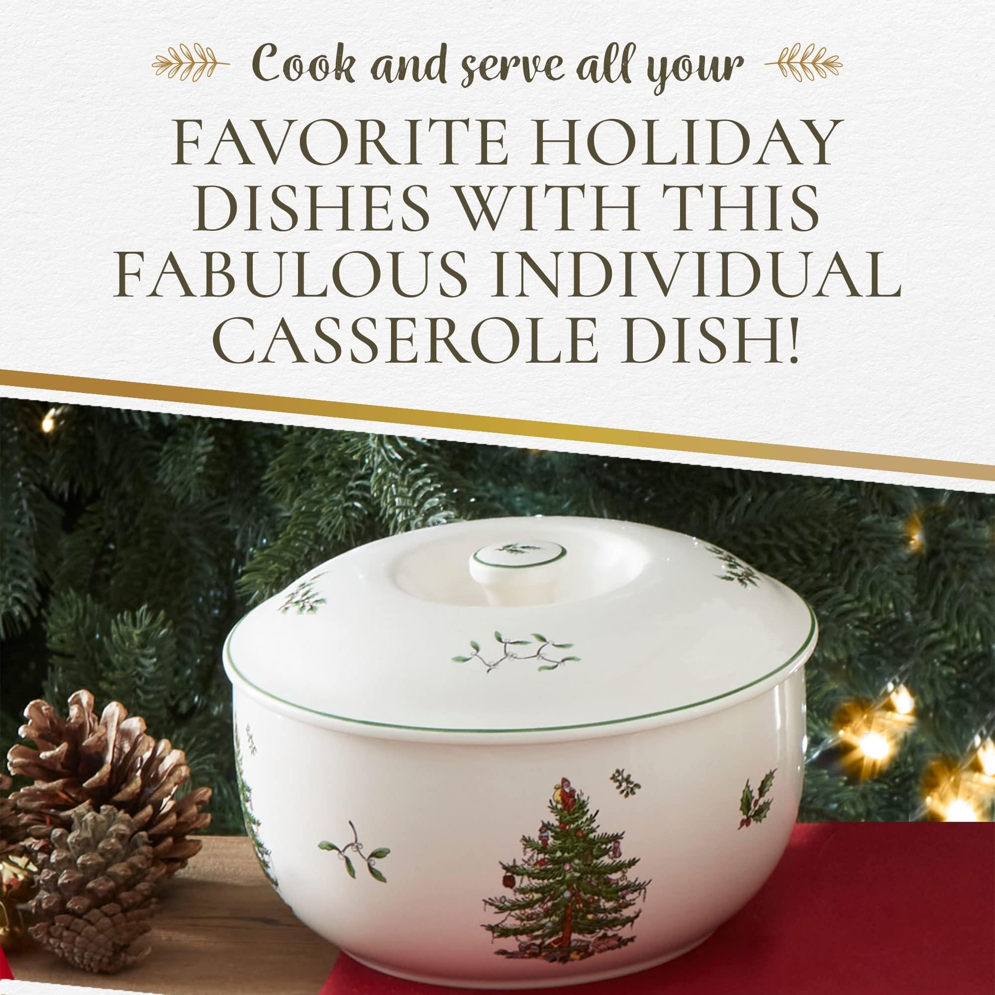 Spode Christmas Tree 1 Quart Round Casserole Dish with Lid - Stoneware Baking Dish for Holiday Desserts, Casseroles & Side Dishes - Oven, Microwave & Dishwasher Safe - Festive Holiday Serveware for Christmas Dinner, Thanksgiving & Family Gatherings