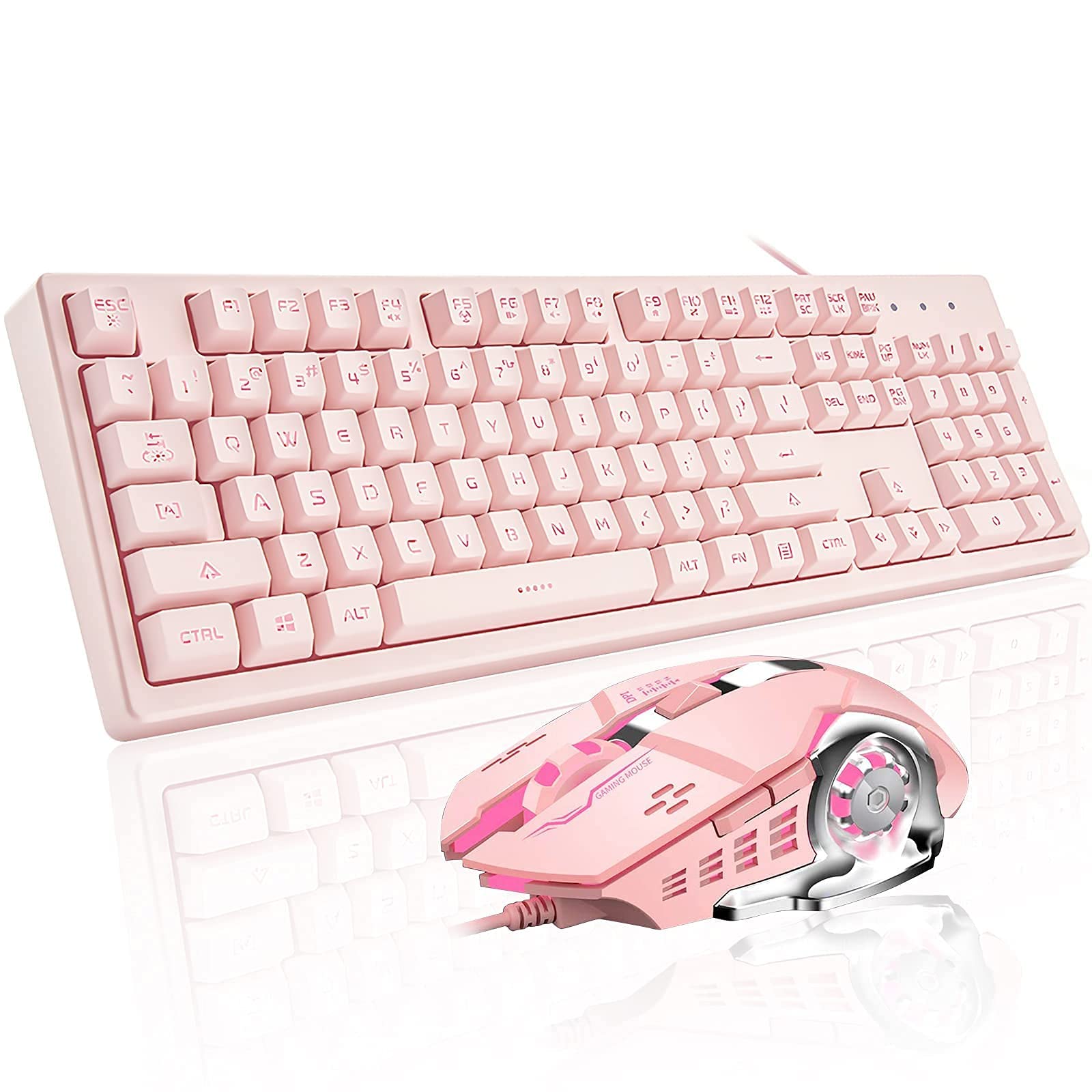 Pink Gaming Keyboard and Mouse Combo - Mechanical Feel Wired USB Keyboard & Ergonomic Gaming Mouse for PC, Mac, Laptop - Perfect for Gaming, Office Work & Typing