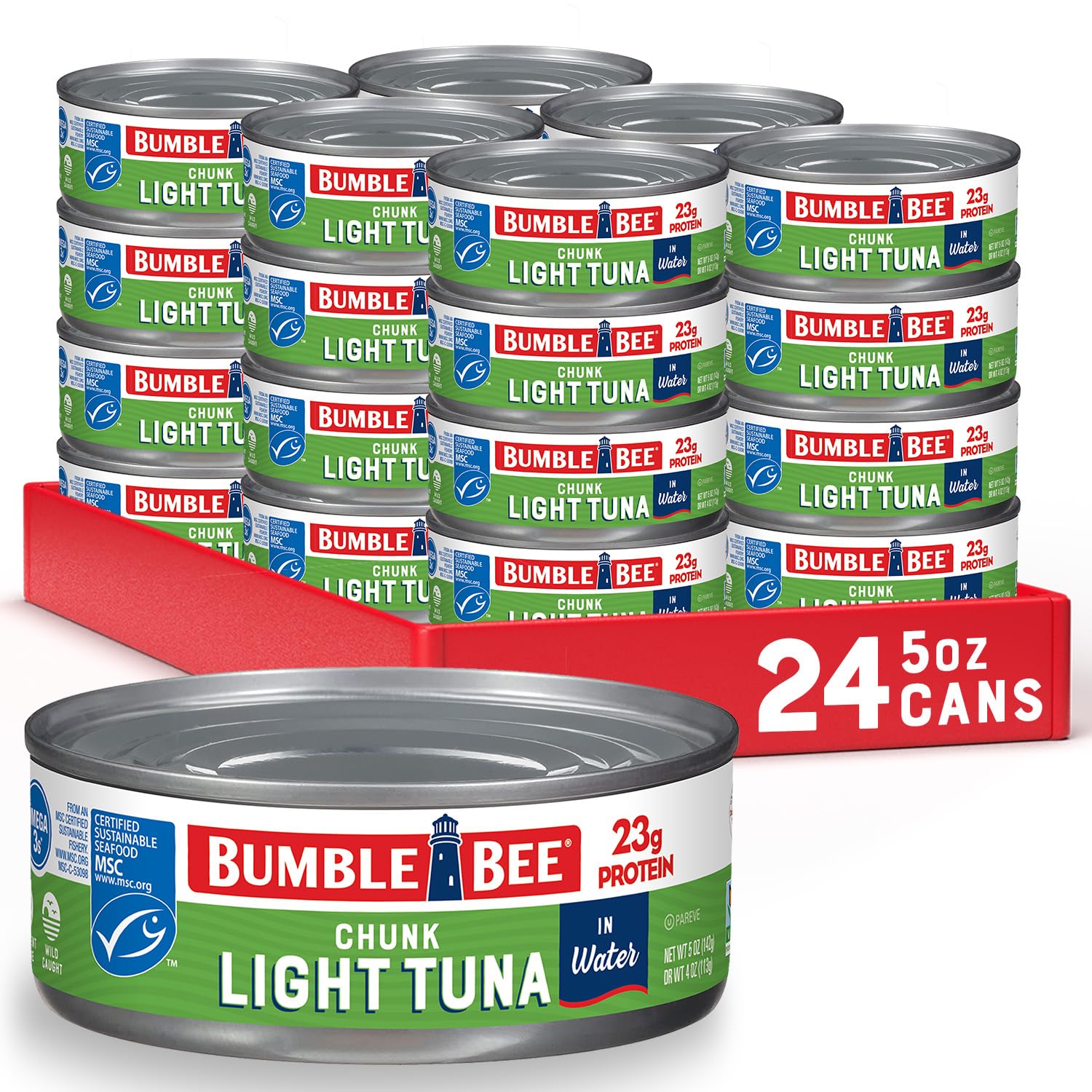 Bumble Bee Chunk Light Tuna in Water, 5 oz Cans (Pack of 24) - Wild Caught Skipjack Tuna - High Protein 23g per Serving - MSC Certified Sustainable Seafood, Non-GMO, Gluten Free, Kosher - Perfect for Salads, Sandwiches & Quick Meals