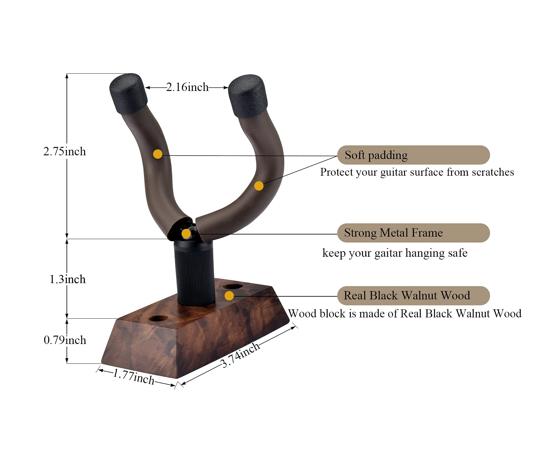 3 Pack Guitar Wall Hangers - Heavy Duty Black Walnut Wall Mount Hook for Acoustic, Electric, Bass, Banjo, Mandolin & Ukulele - Space Saving Instrument Storage Solution for Home, Studio or Music Classroom
