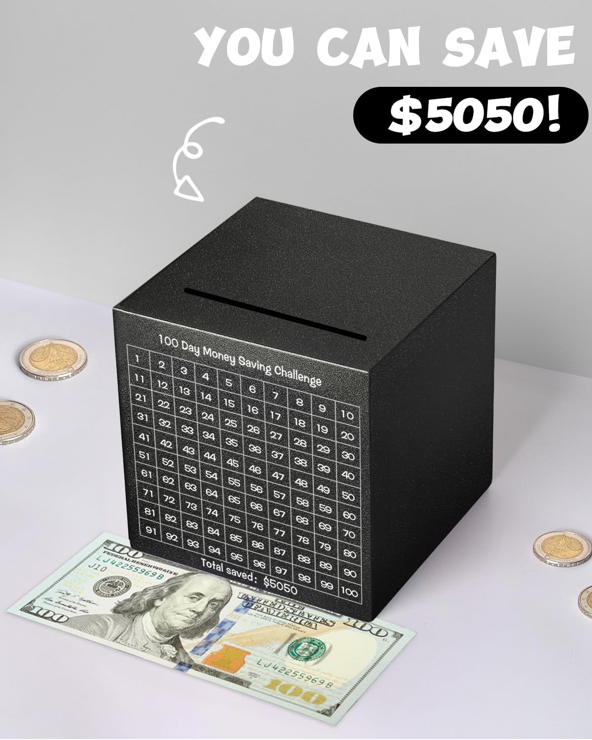 Unbreakable Metal Piggy Bank for Adults - Save $5,050 with 100 Day Money Challenge | Stainless Steel Savings Box (4.72 Inch, Black) | Must Break to Open | Perfect for Budgeting, Emergency Funds & Financial Goals