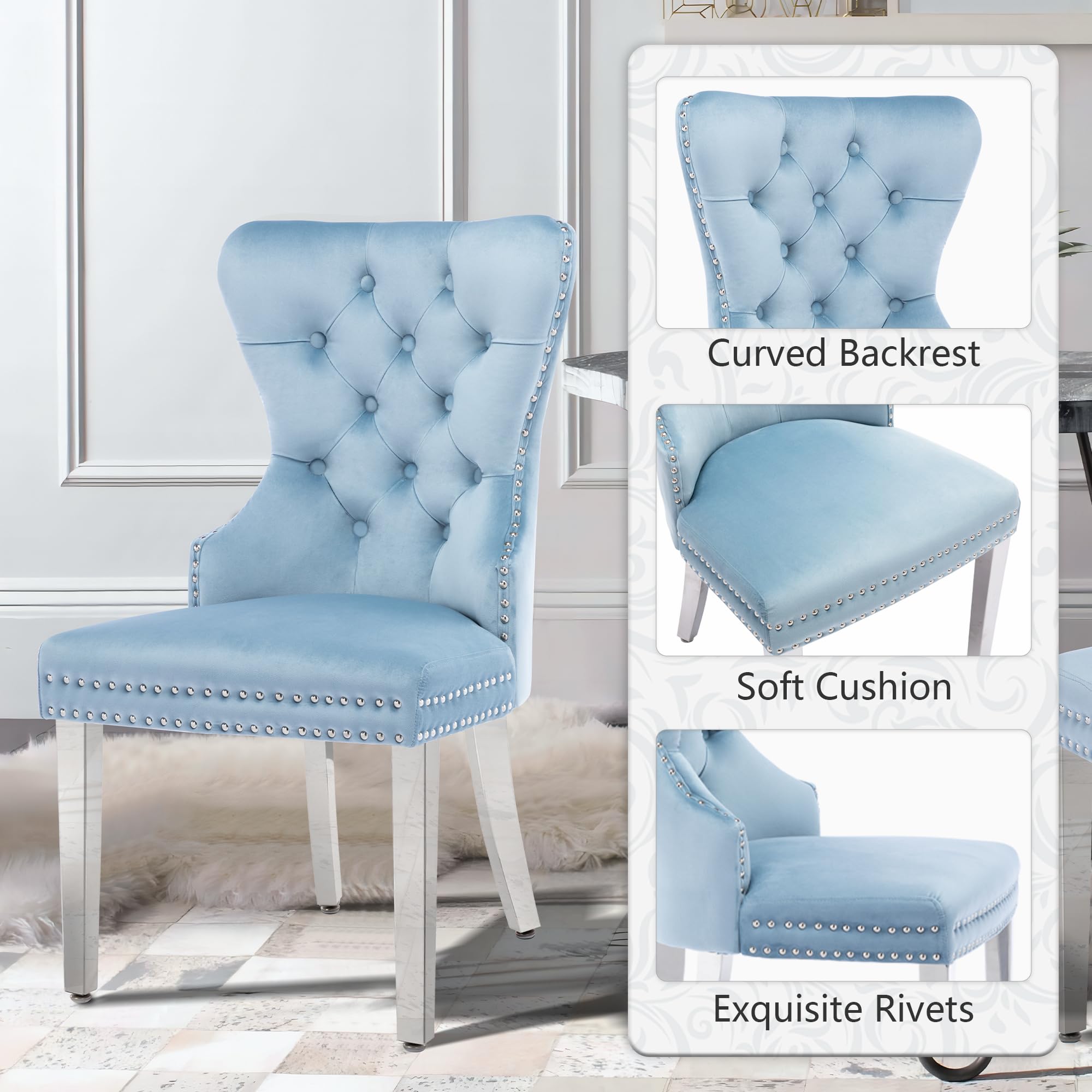 Luxury Velvet Dining Chairs Set of 2 - Tufted Upholstered Dining Room Chairs with Stainless Steel Legs & Ring Pull Details, Navy Blue - Perfect for Modern Dining Room, Kitchen Breakfast Nook & Home Office Decor