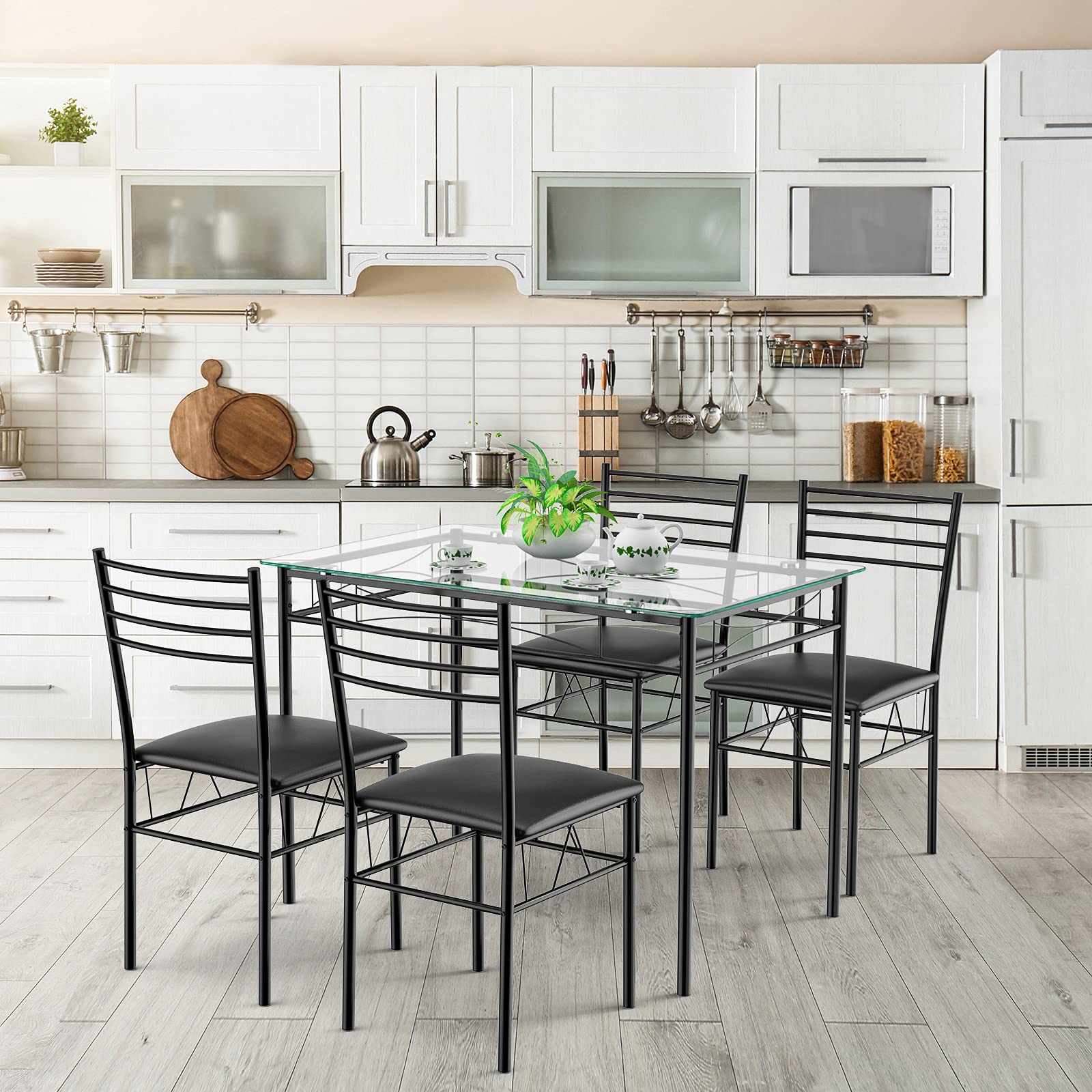Tangkula 5-Piece Dining Table Set with Tempered Glass Top & 4 Chairs - Modern Kitchen & Dining Room Furniture in Black - Perfect for Small Spaces, Apartments & Family Meals