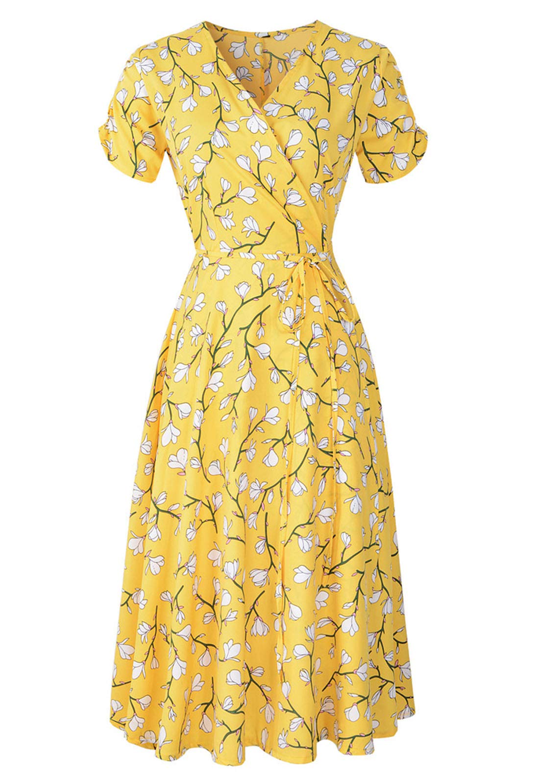 Flygo Floral Print Sun Dress - Bohemian Beach Dress for Women, Flowy Chiffon Midi Summer Dress with Pockets | Perfect for Vacation, Beach Party & Outdoor Date