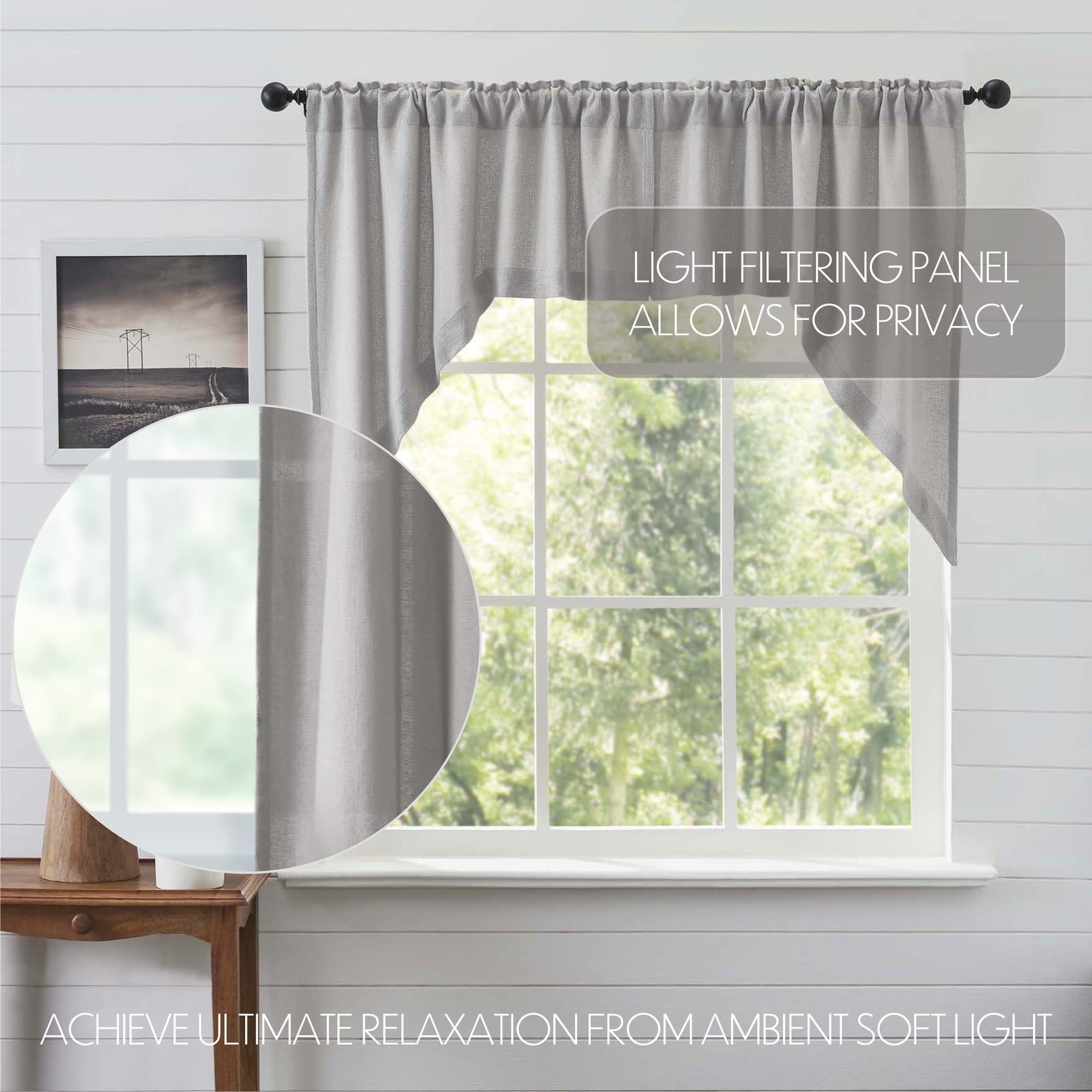 VHC Brands Burlap Dove Grey Farmhouse Curtains Swag Set of 2 (36x36x16 inches) - Rustic Window Decor for Living Room, Bedroom & Kitchen