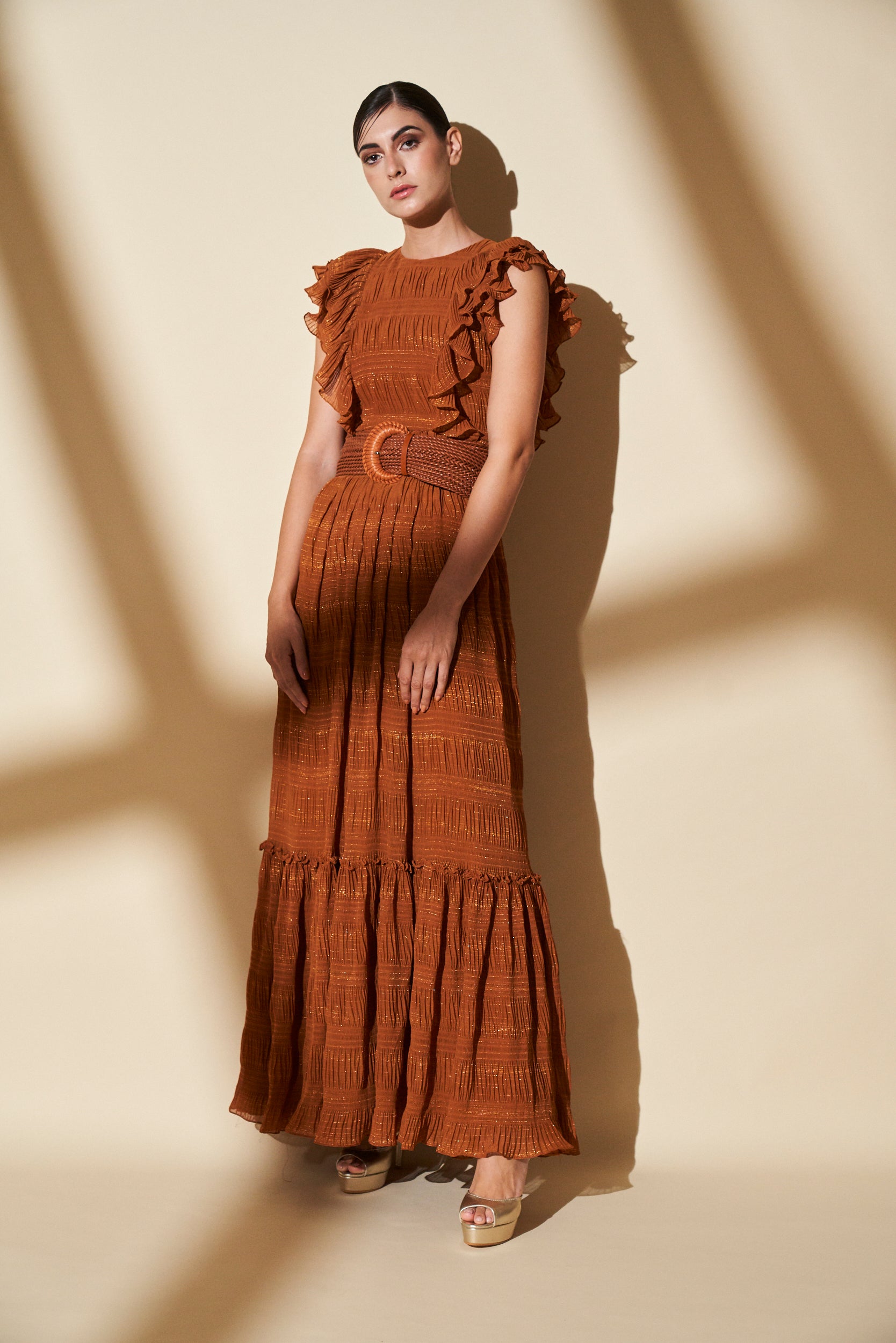 Mustard Gold Woven Zari Maxi Dress for Women - Elegant Boho Ethnic Party Gown for Weddings, Festivals & Special Occasions