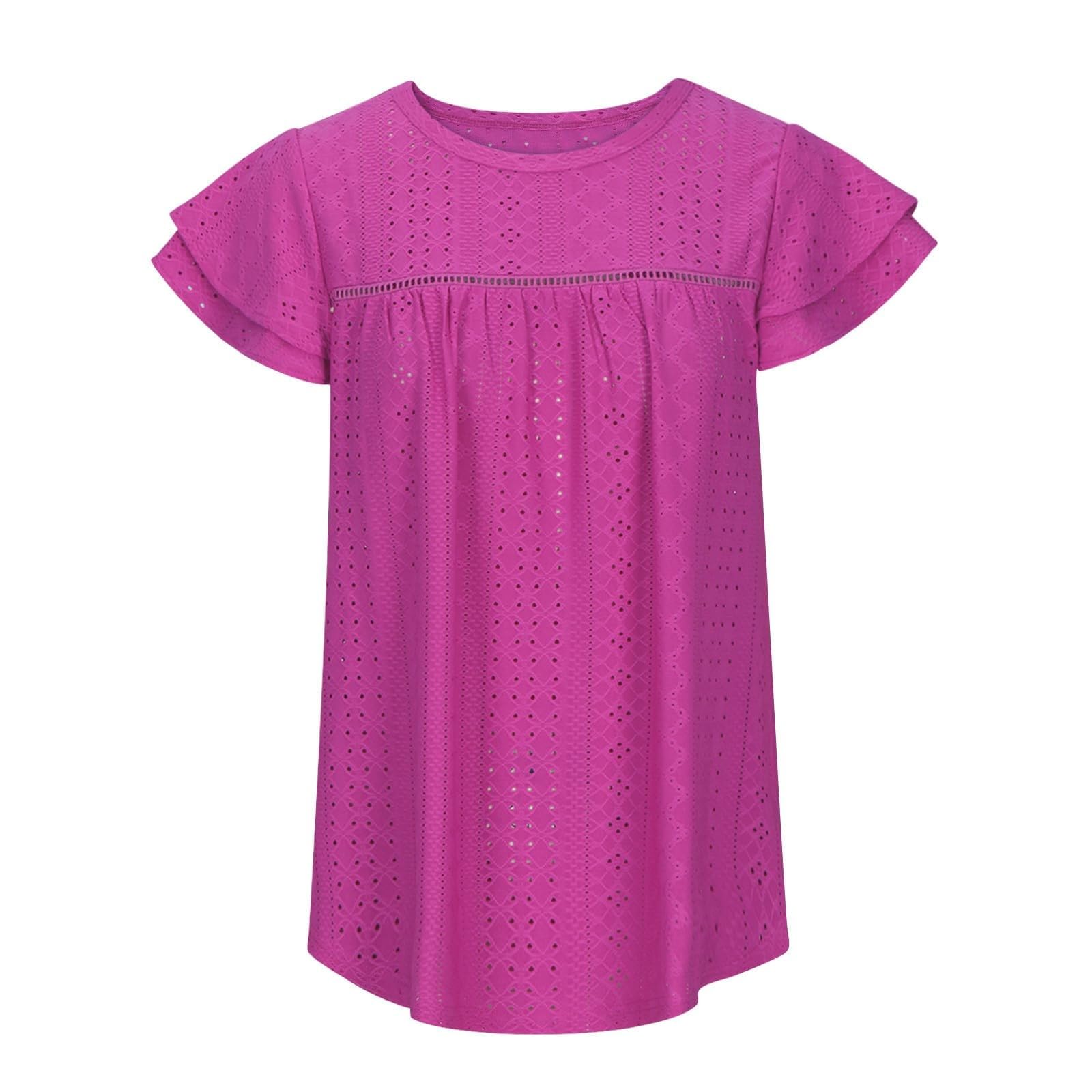 Women's Summer Eyelet Tops - Trendy Flowy Crewneck Shirts with Ruffle Sleeves - Loose Comfortable Blouses for Beach, Vacation & Casual Wear