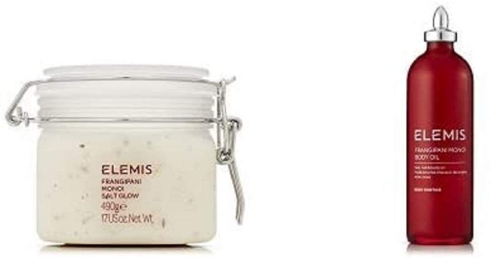 ELEMIS Frangipani Monoi Salt Glow Body Scrub & Body Oil Set - Exfoliating & Hydrating Skincare Duo (490g + 100ml) for Spa-Like Pampering at Home