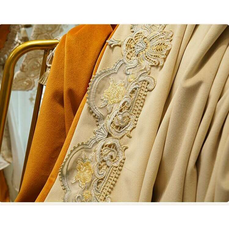 Brittany Luxury Royal Lace Designer Velvet Curtains - Beige & Orange Elegant Window Drapes for Living Room, Bedroom & Wedding Decor