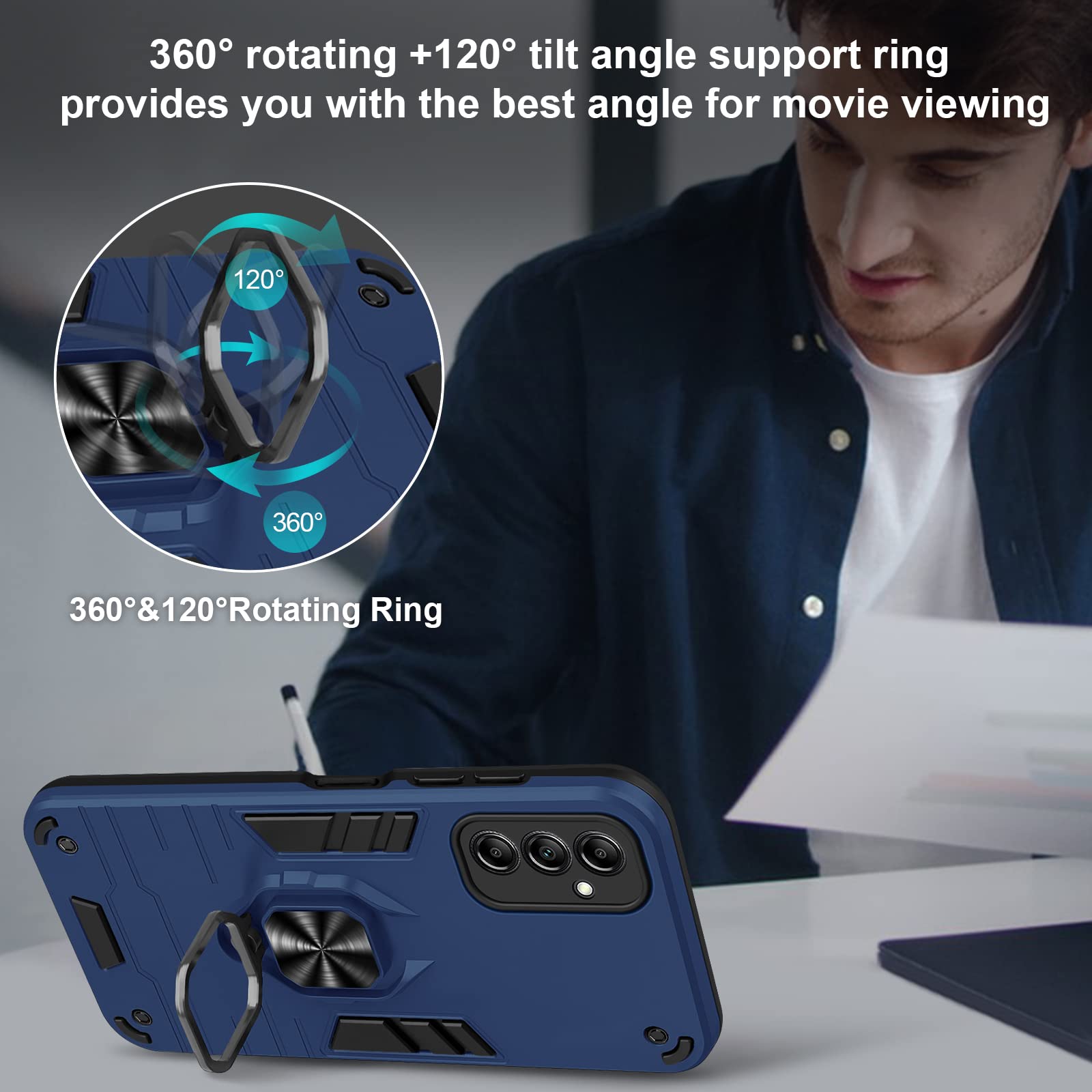 Shockproof Heavy Duty Phone Case with Stand & Tempered Glass Screen Protector for Samsung Galaxy A14 - Magnetic Car Mount Compatible, Blue | Perfect for Work, Travel & Everyday Protection