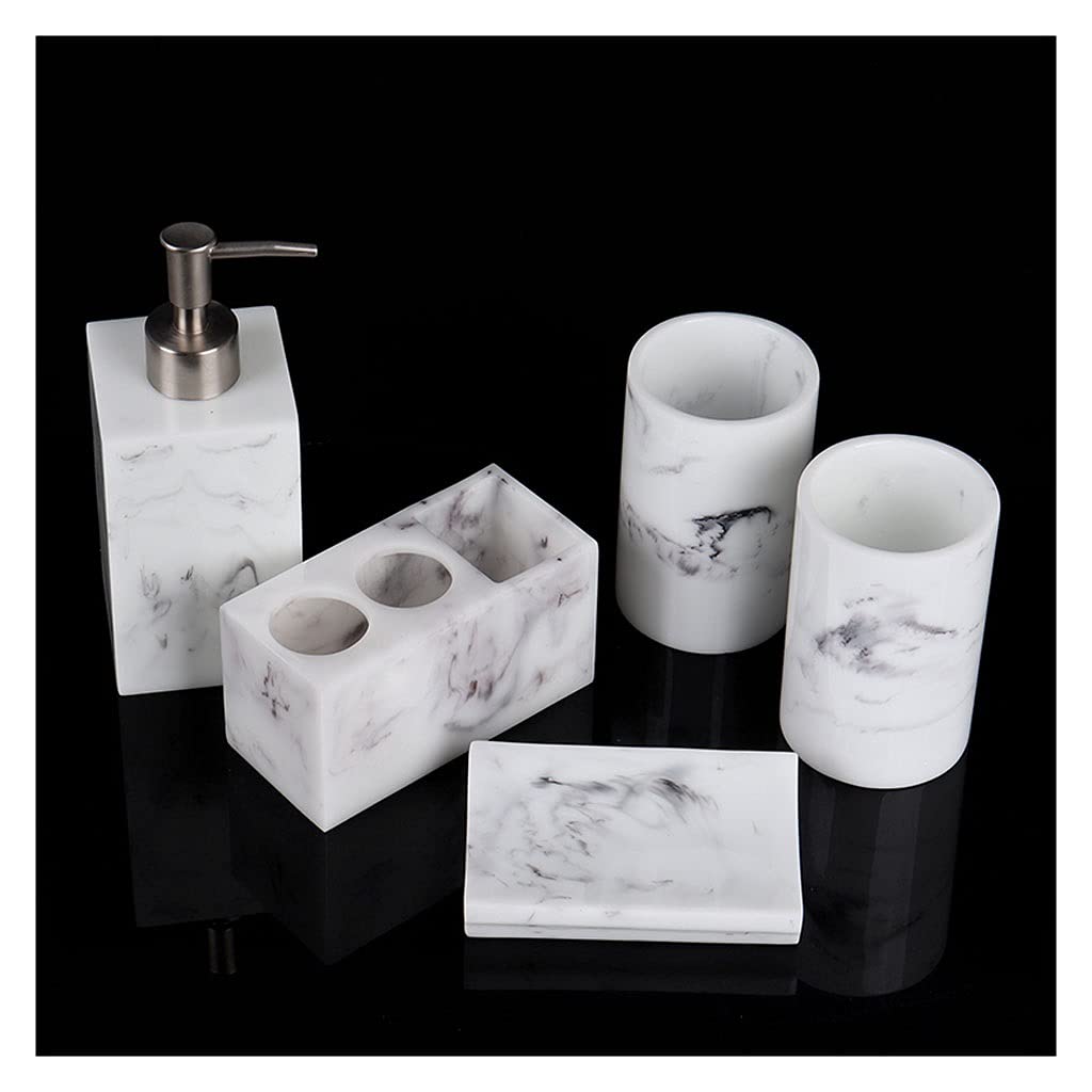 TOMYEUS 5-Piece Marble Look Bathroom Accessories Set - Soap Dispenser, Toothbrush Holder, Tumbler & Soap Dish | Modern Vanity Organizer for Bathroom, Hotel & Restroom Decor | Perfect for Liquid Hand Soap & Daily Essentials Storage