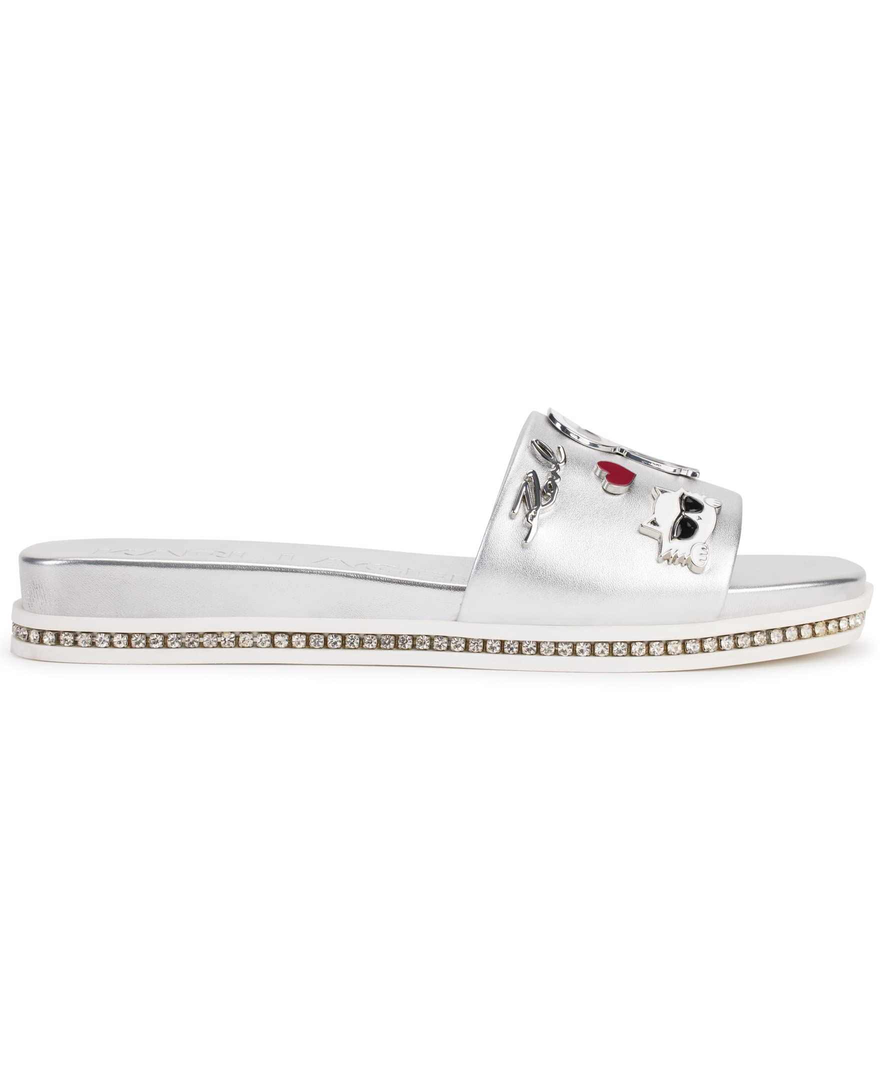 KARL LAGERFELD Women's Jeslyn Slides - Fashionable Slide-On Sandals with Bold KLP Pins | Comfortable Summer Shoes for Beach, Pool & Casual Outings