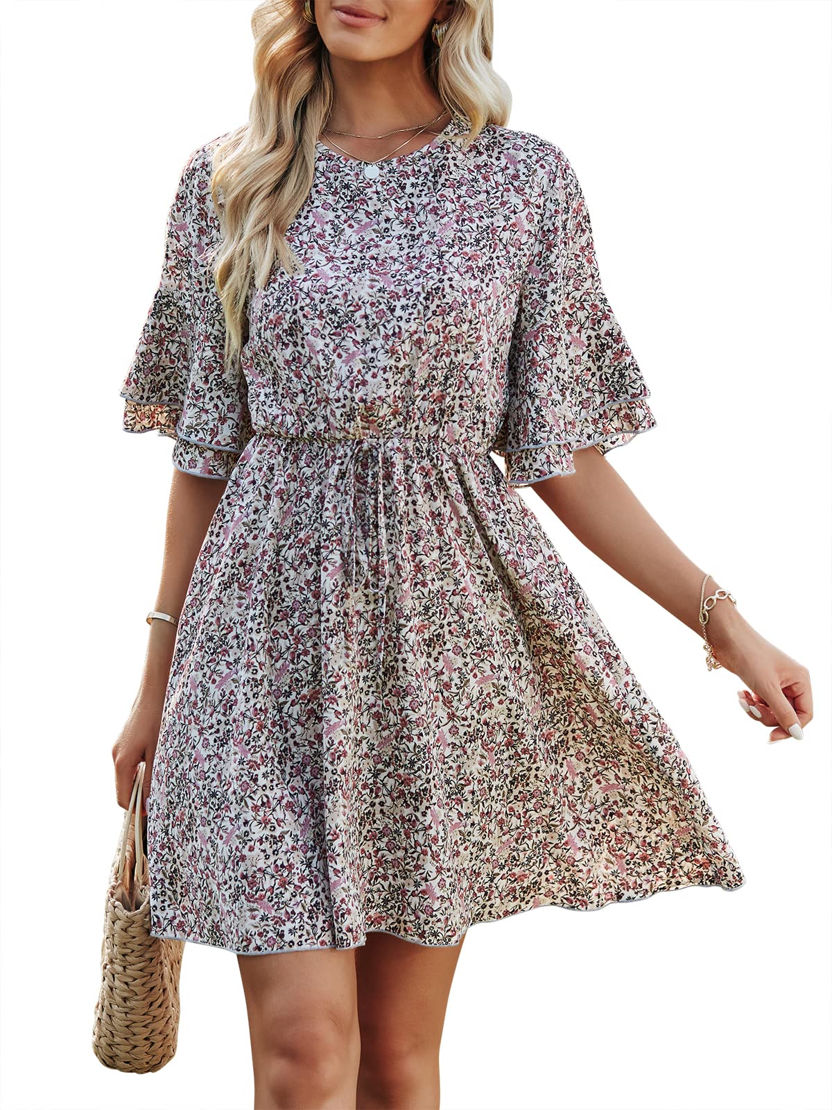 ANRABESS Women's Summer Floral Print Ruffle Mini Dress with Bell Sleeves & Elastic Waist - Casual A-Line Swing Beach Dress for Vacation, Party, and Outdoor Activities