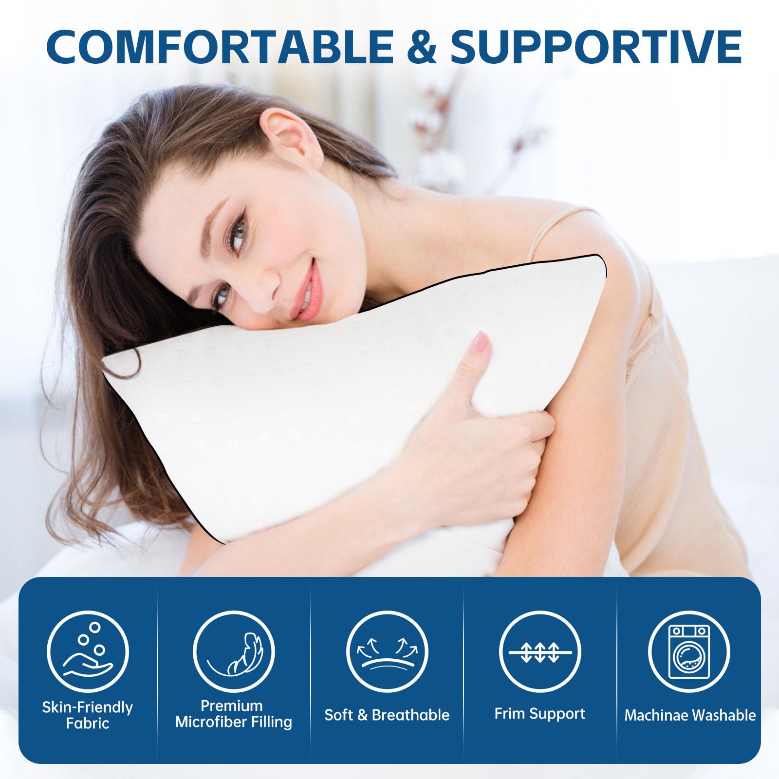 Wansimoo Queen Size Cooling Pillows Set of 4 - Hotel Quality Soft & Supportive Pillows for Back, Stomach & Side Sleepers - Breathable & Comfortable for All Night Sleep - Perfect for Bedroom, Guest Room & Travel Use
