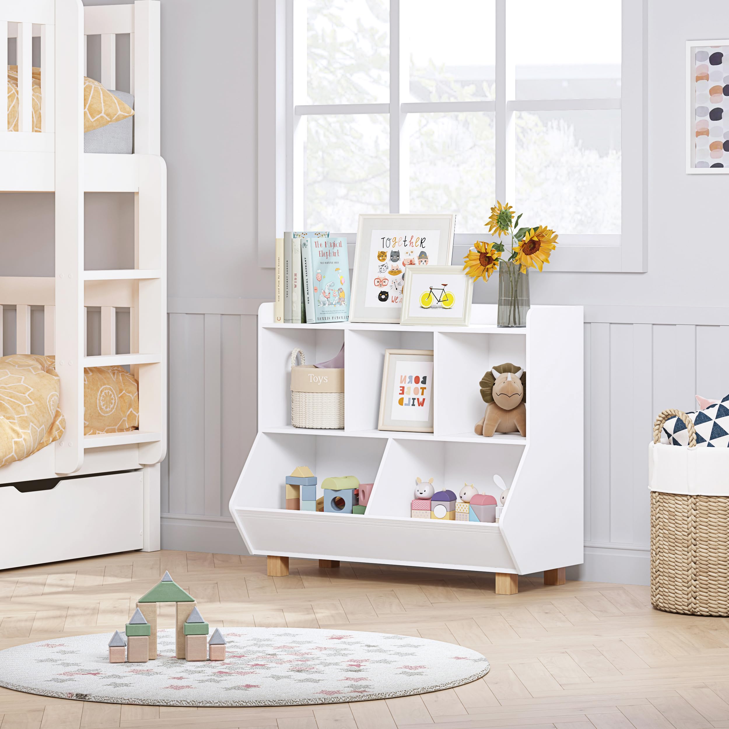 UTEX 5-Cube Kids Toy Storage Organizer & Bookshelf with Legs - White Multifunctional Nursery Organizer for Toys, Books in Bedroom, Living Room, Playroom