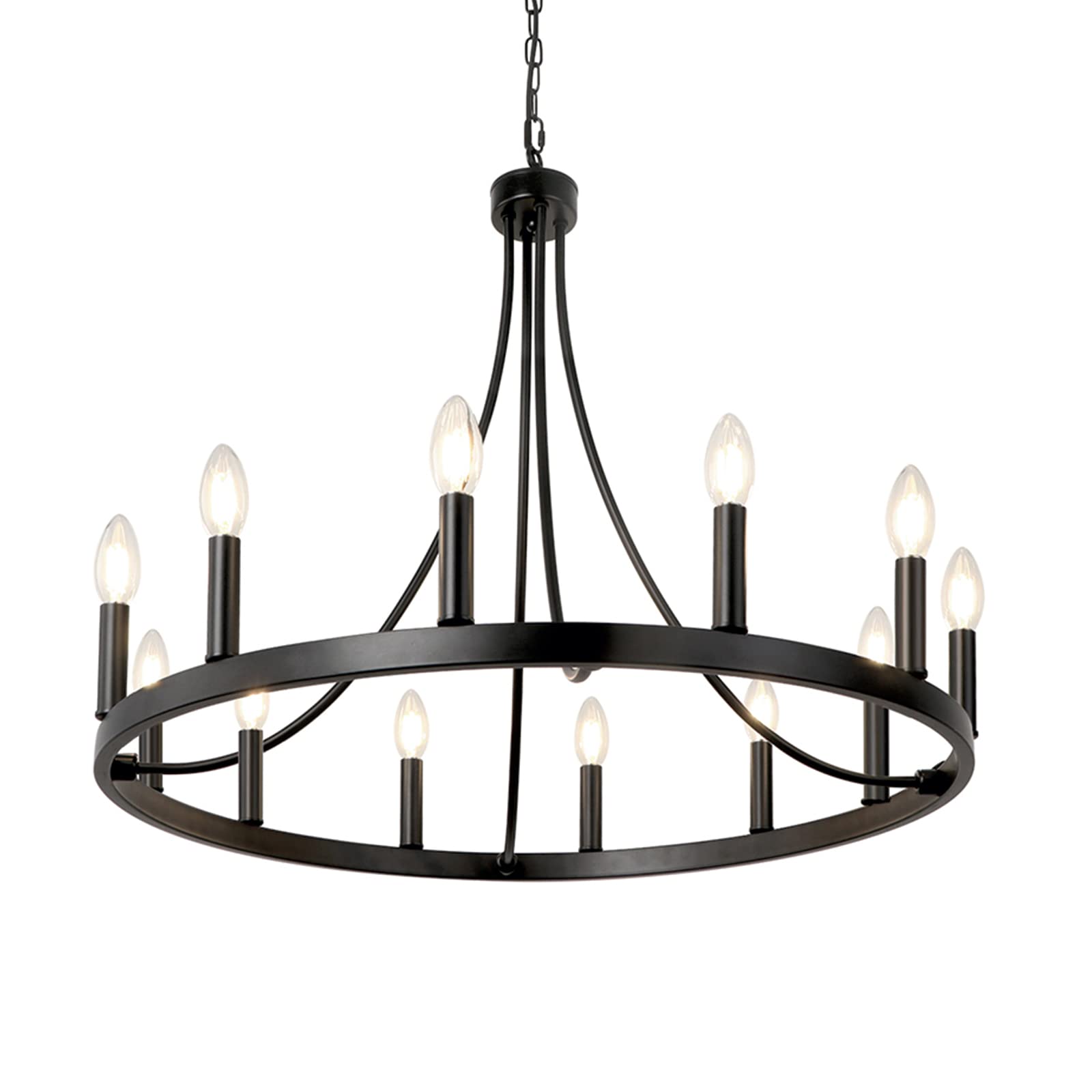 LynPon 12-Light Black Wagon Wheel Chandelier - 27 Inch Rustic Round Ceiling Light Fixture for Farmhouse & Industrial Decor | Perfect for Living Room, Dining Room, Kitchen, Foyer & Entryway Lighting