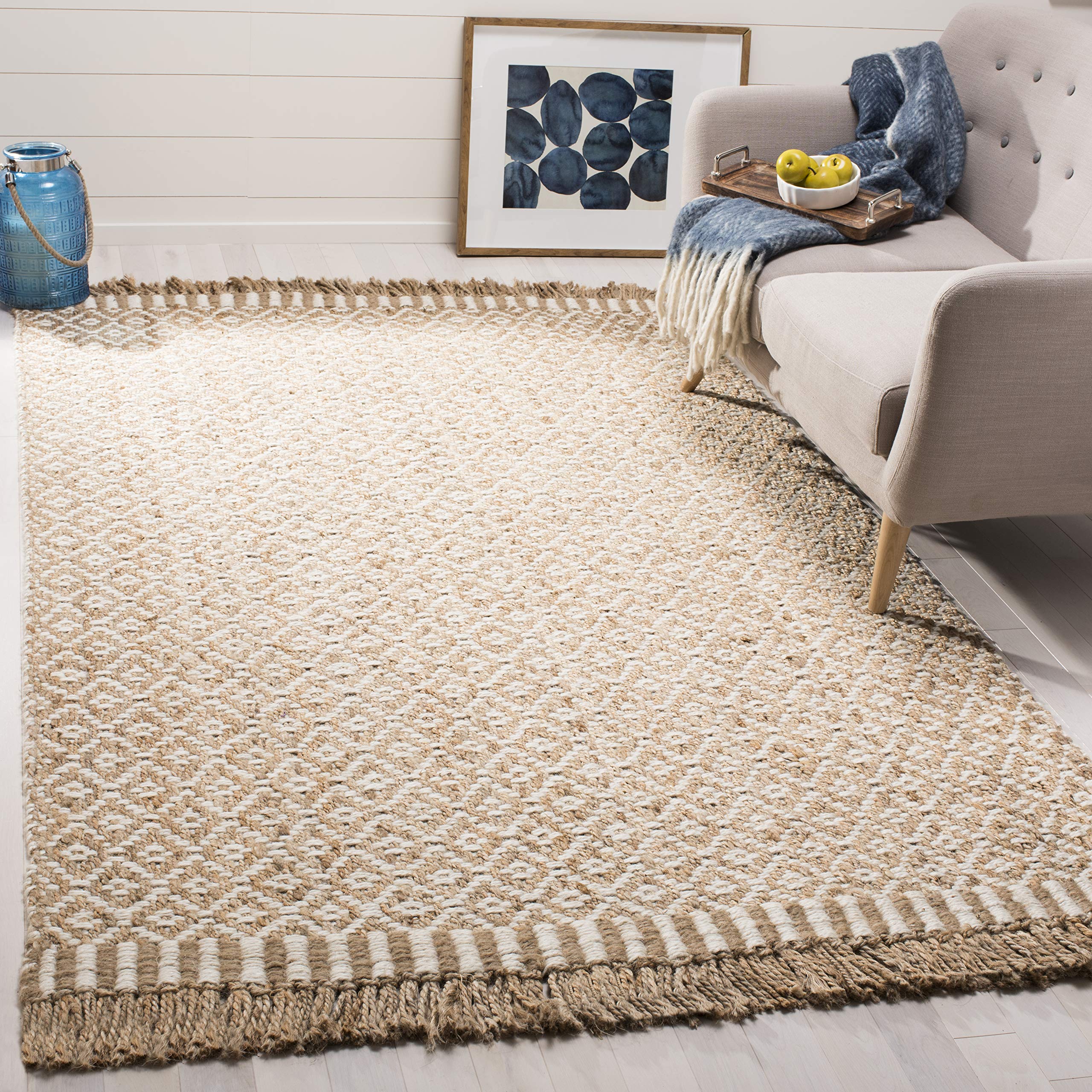 SAFAVIEH Handmade Natural Jute Area Rug 8' x 10' - Boho Farmhouse Style with Fringe, Neutral Ivory & Natural Colors, Durable for High Traffic Living Room & Bedroom | Perfect for Cozy Home Decor, Yoga Space & Bohemian Interior Design