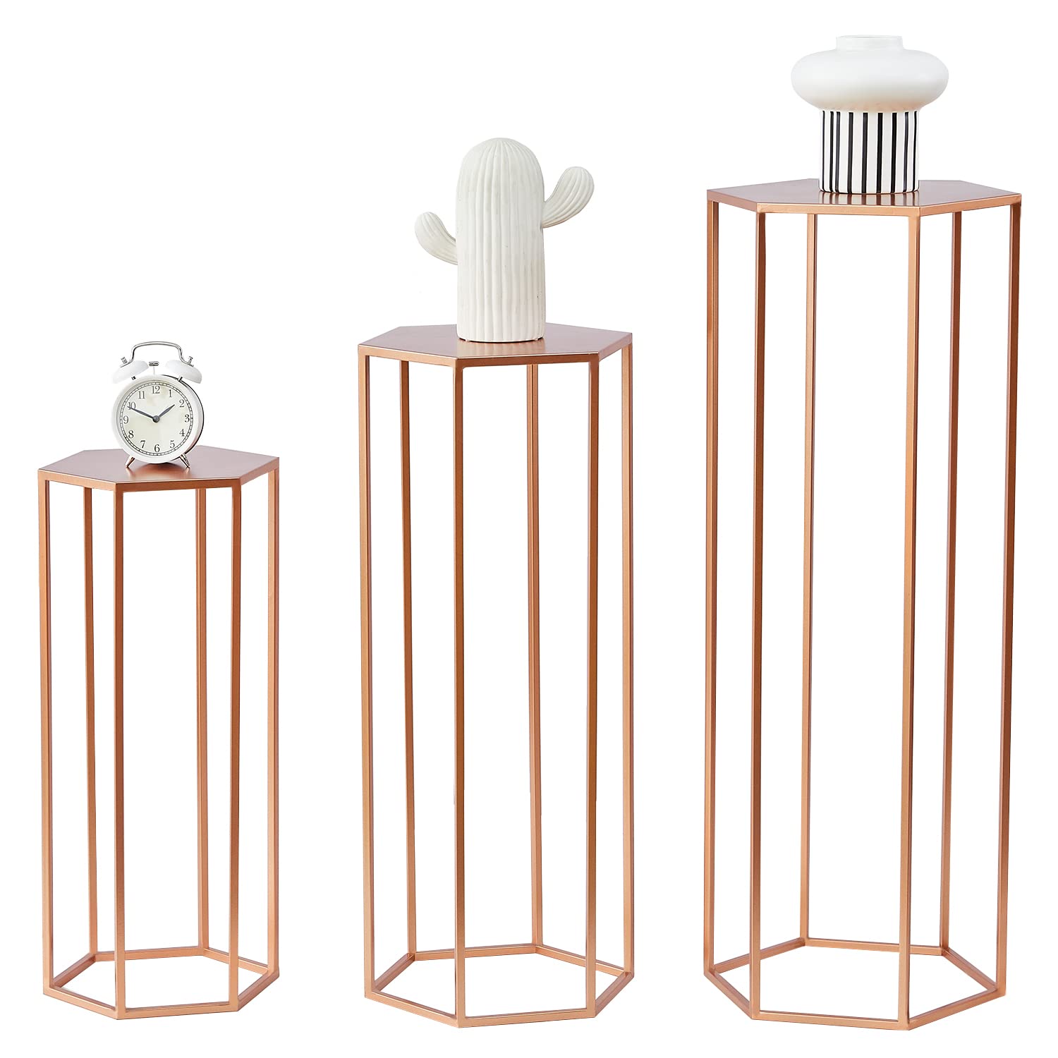 Set of 3 Rose Gold Metal Plant Stands - 35.43'' Hexagon Nesting End Tables for Indoor & Outdoor Decor | Flower Holder, Corner Planter Rack for Living Room, Patio, Garden, and Balcony