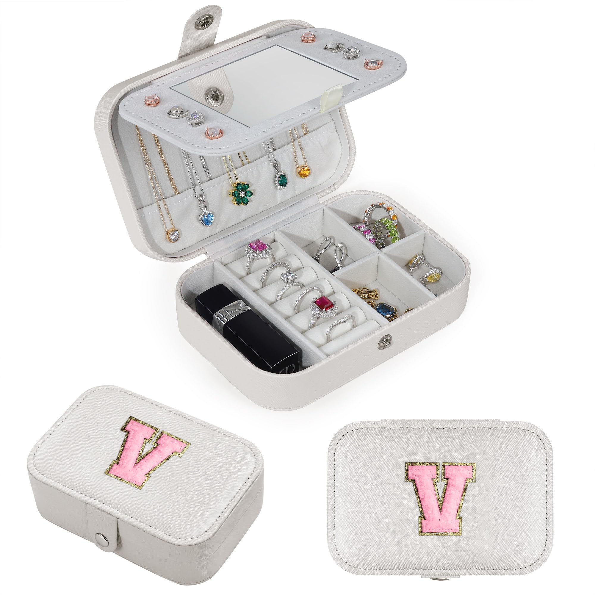 Parima Travel Jewelry Organizer for Women - Compact Jewelry Case for Necklaces, Earrings & Rings | Portable Jewelry Storage Box | Perfect Travel Accessory & Gift for Women (Letter V, White) | Great for Vacations, Business Trips & Daily Organization