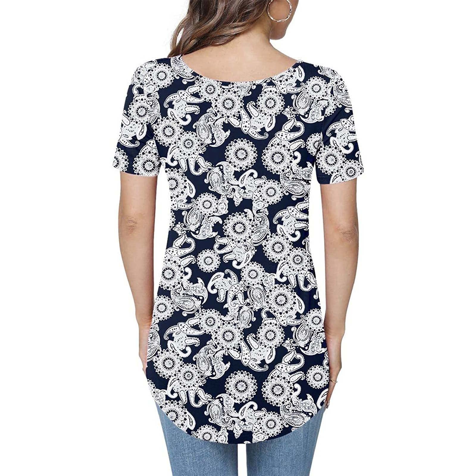 Women's Summer V-Neck Short Sleeve Loose Fit T-Shirt - Black Cross Print Top for Casual Wear & Daily Outfits